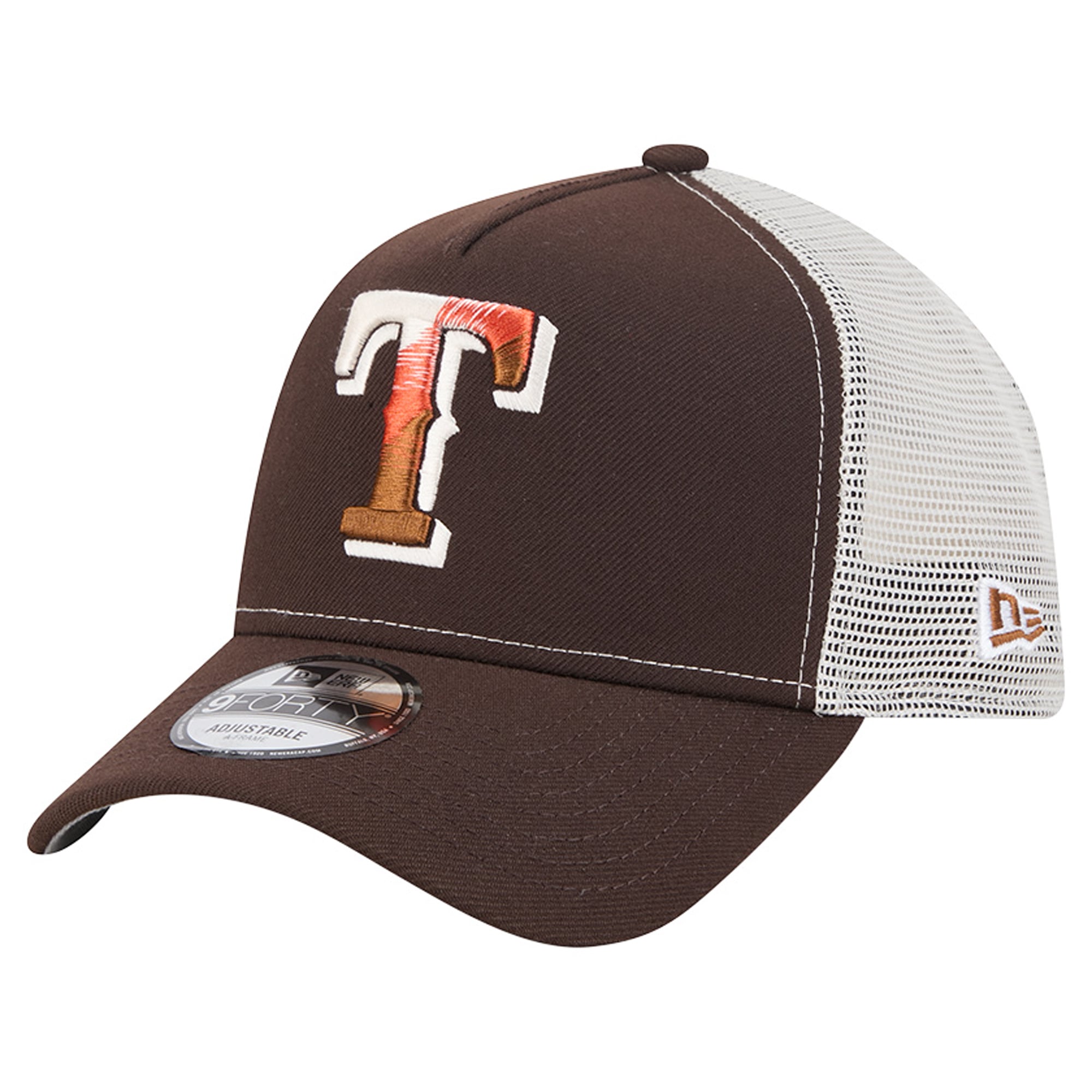Men's New Era Brown Texas Rangers Pumpkin Spice A-Frame 9FORTY Adjustable Trucker Hat