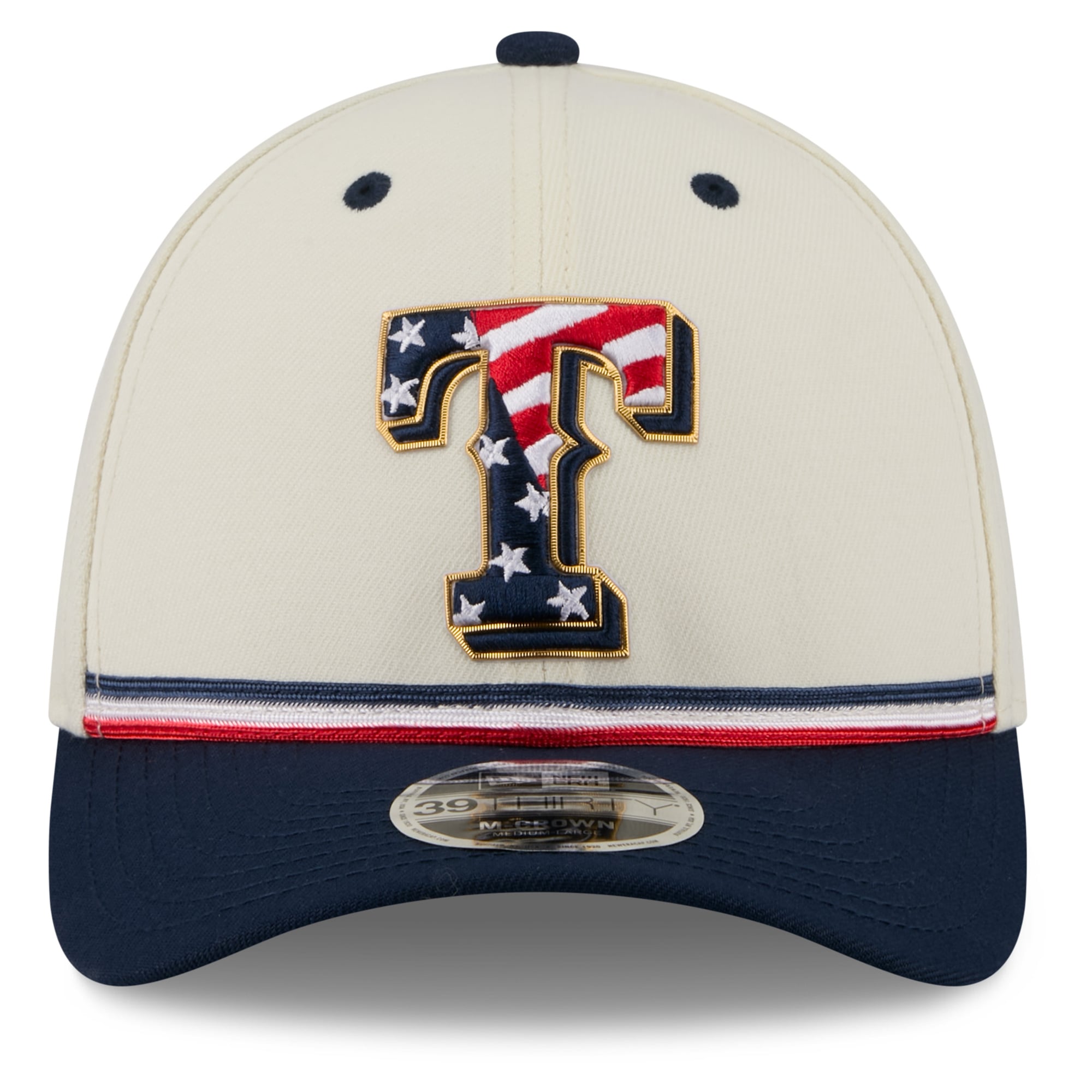 Men's New Era Cream/Navy Texas Rangers USA 250 Fourth of July 39THIRTY M-Crown Flex Hat