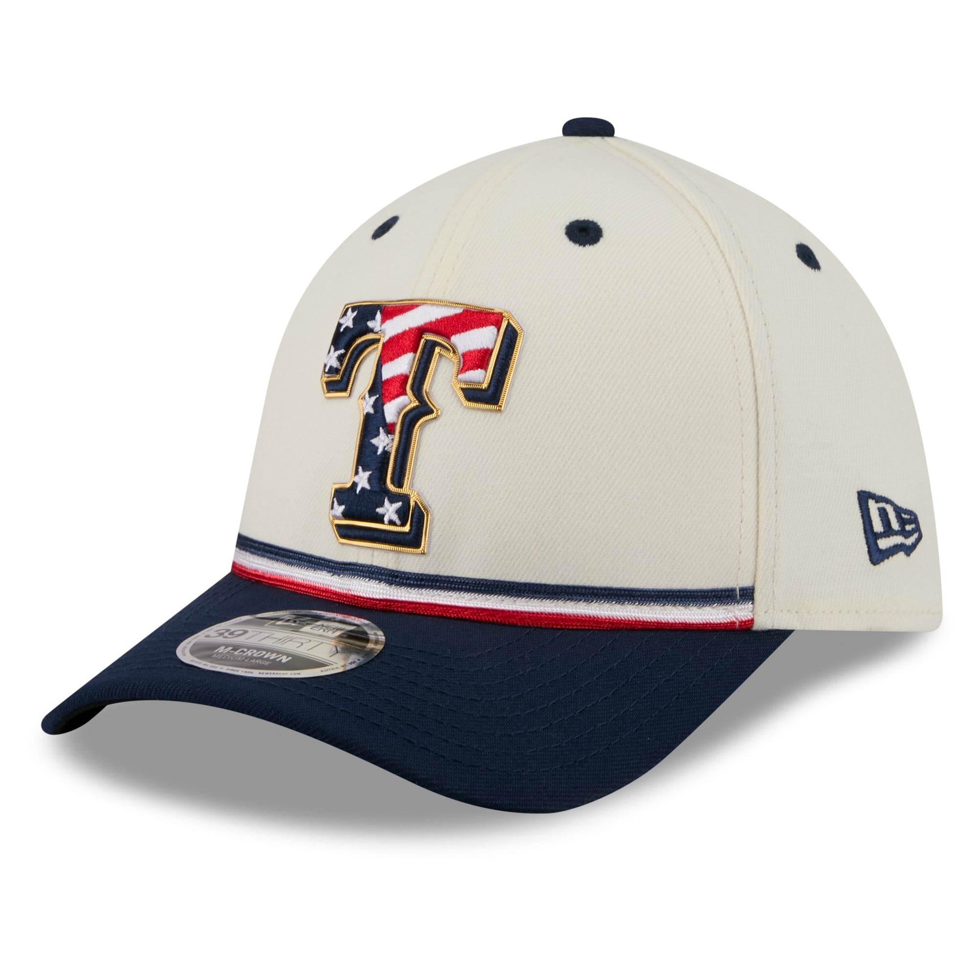 Men's New Era Cream/Navy Texas Rangers USA 250 Fourth of July 39THIRTY M-Crown Flex Hat