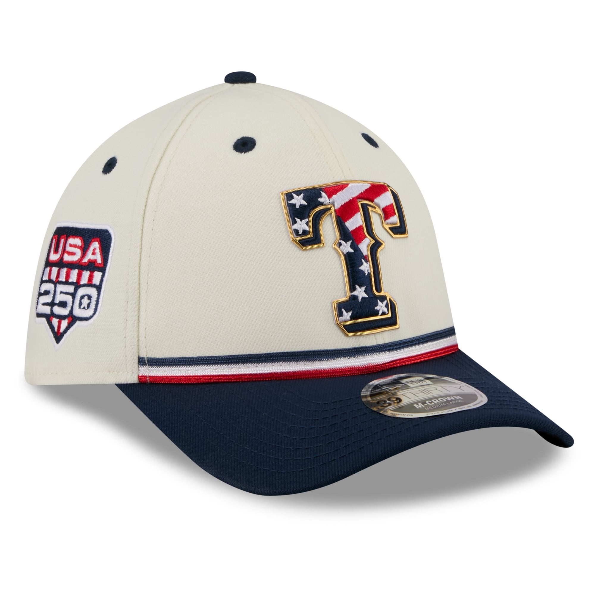 Men's New Era Cream/Navy Texas Rangers USA 250 Fourth of July 39THIRTY M-Crown Flex Hat