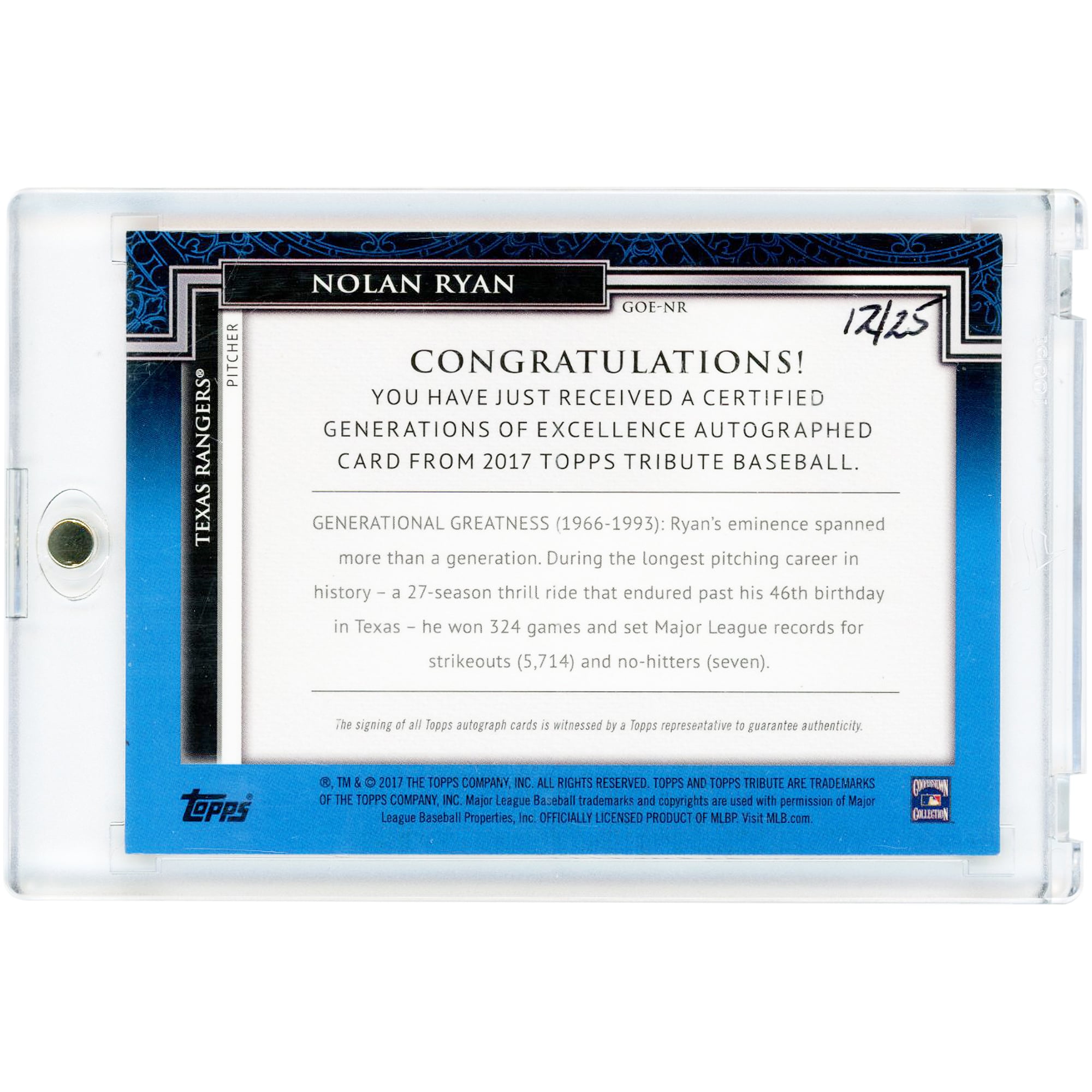 Nolan Ryan Texas Rangers Autographed 2017 Topps Tribute Orange #GOE-NR #12/25 Card