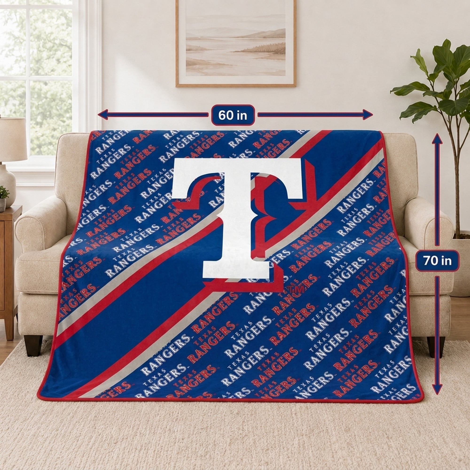 Couverture ultra douce Pegasus Texas Rangers, 152 x 178 cm (diagonale), doublée et ornée du logo.