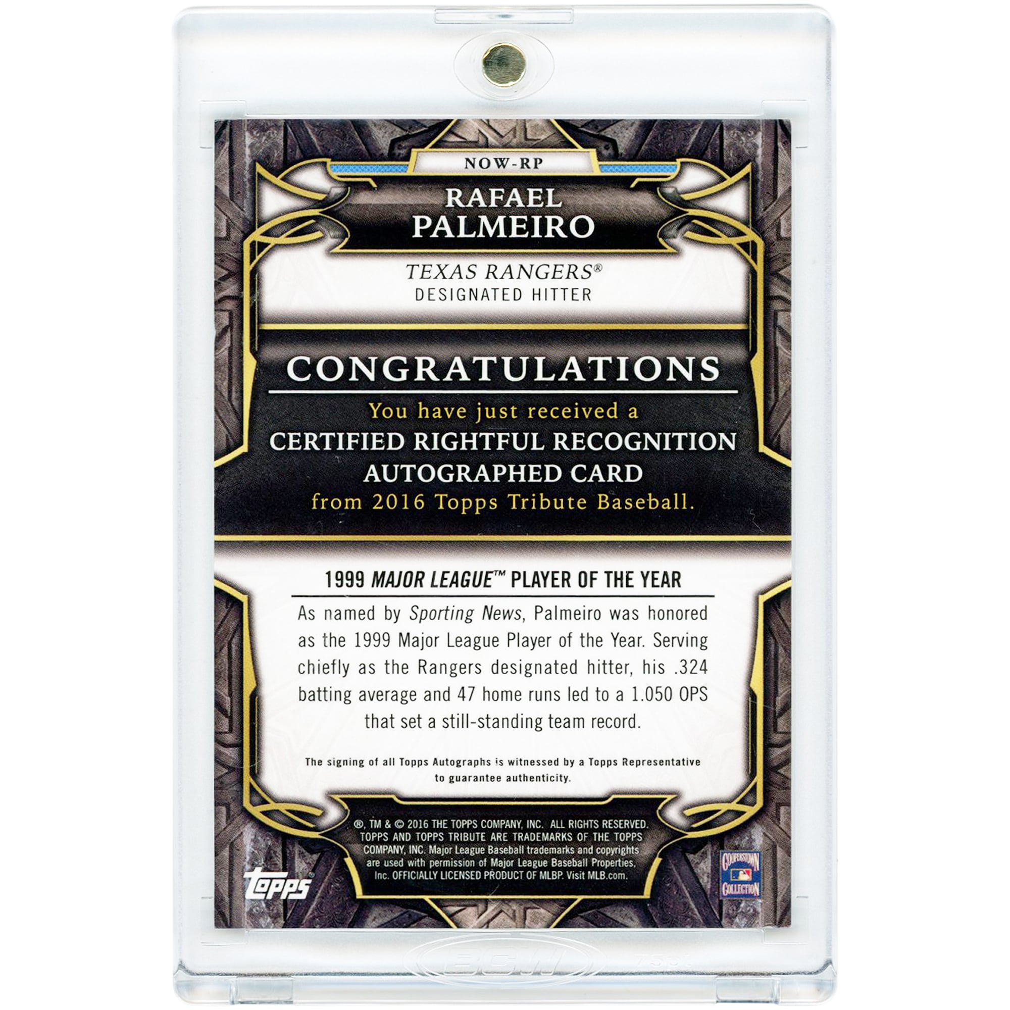 Rafael Palmeiro Texas Rangers Autographed 2016 Topps Tribute Rightful Recognition Purple #NOW-RP #34/50 Card
