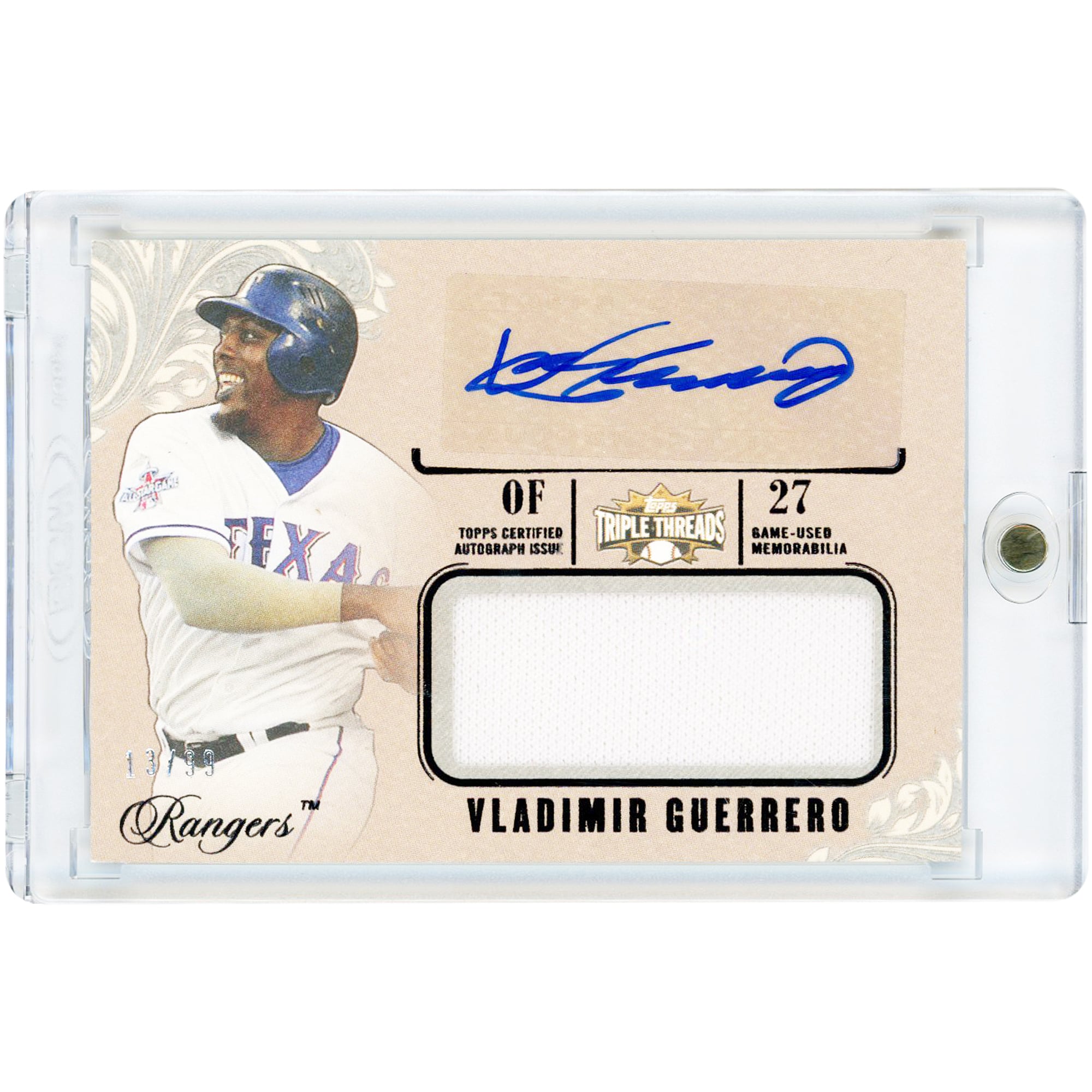 Carte relique de maillot porté en match par Vladimir Guerrero, Texas Rangers, autographiée, collection Topps Triple Threads Unity 2014 #UAJR-VG1 #13/99