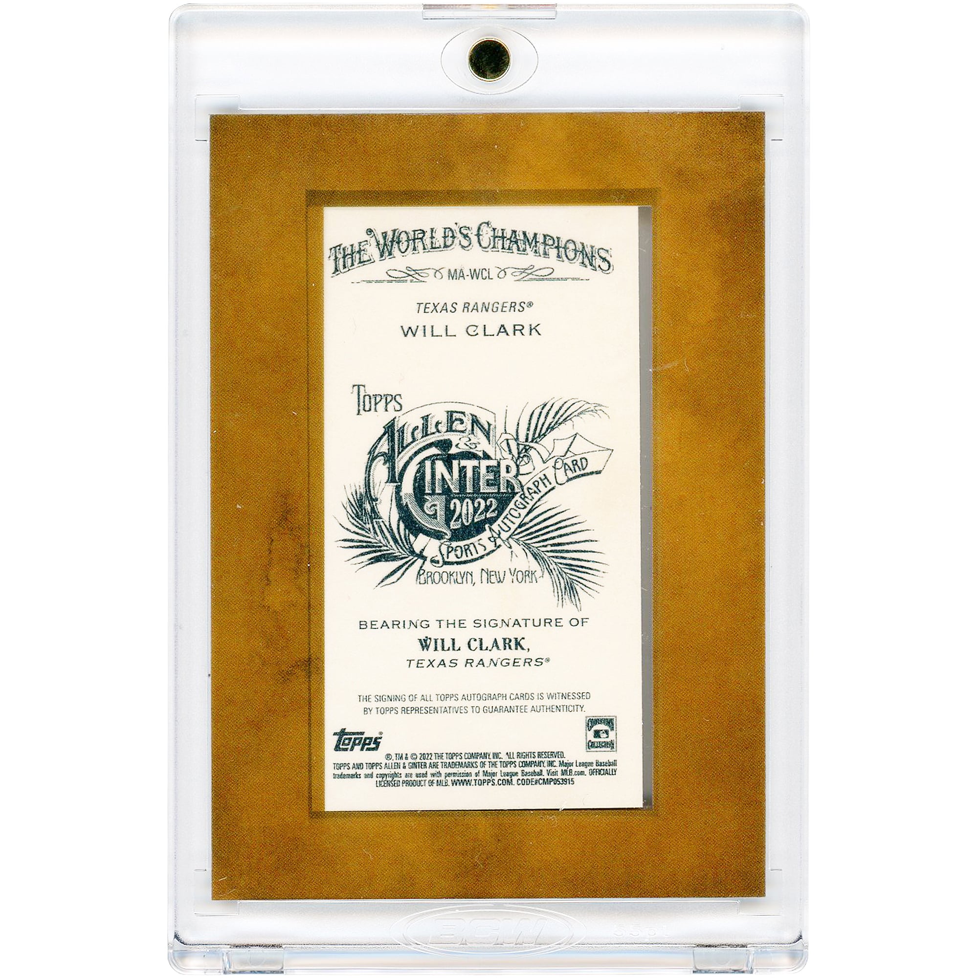 Carte Topps Allen & Ginter Mini 2022 #MA-WCL autographiée par Will Clark, Texas Rangers