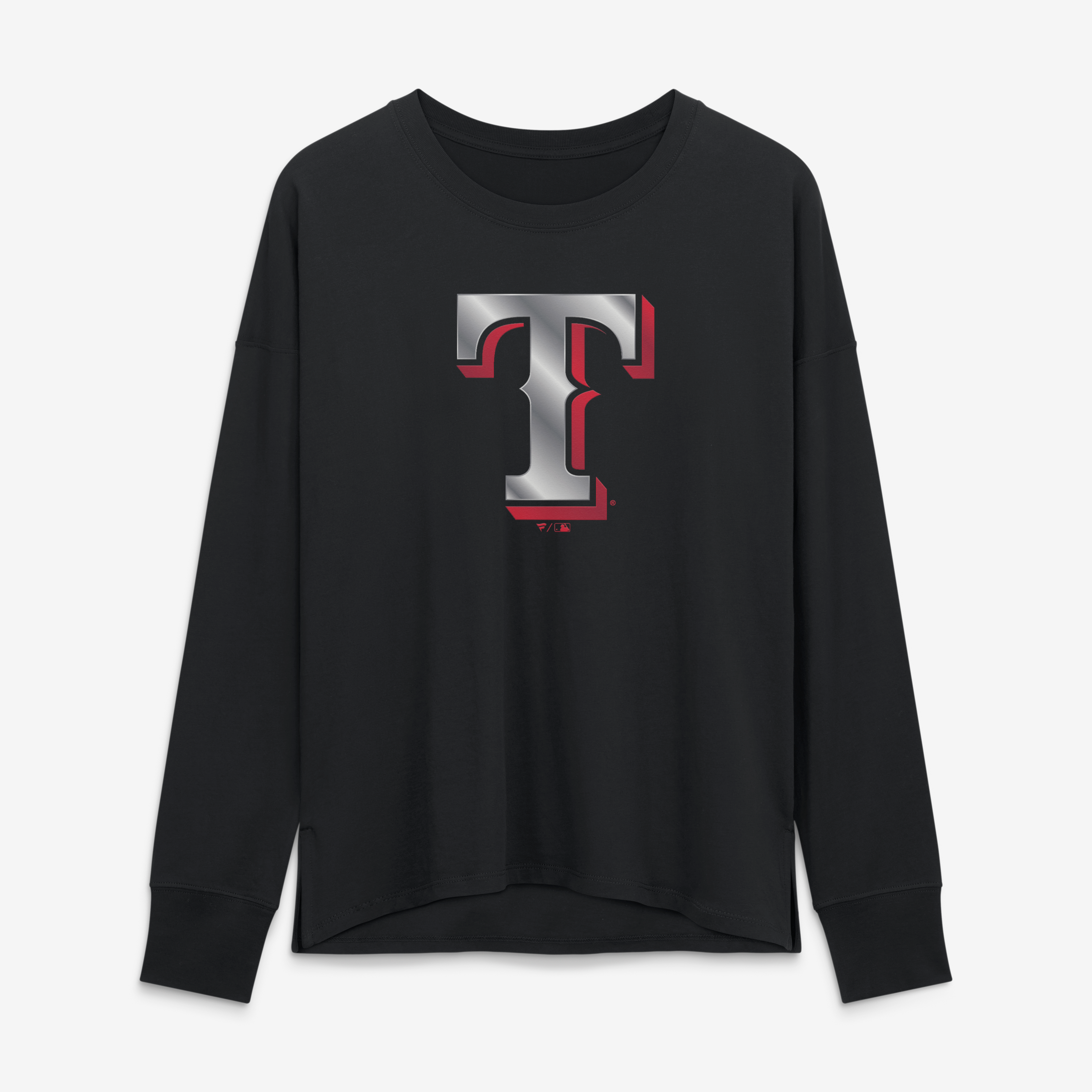 T-shirt à manches longues noir pour femmes avec mascotte métallique des Texas Rangers