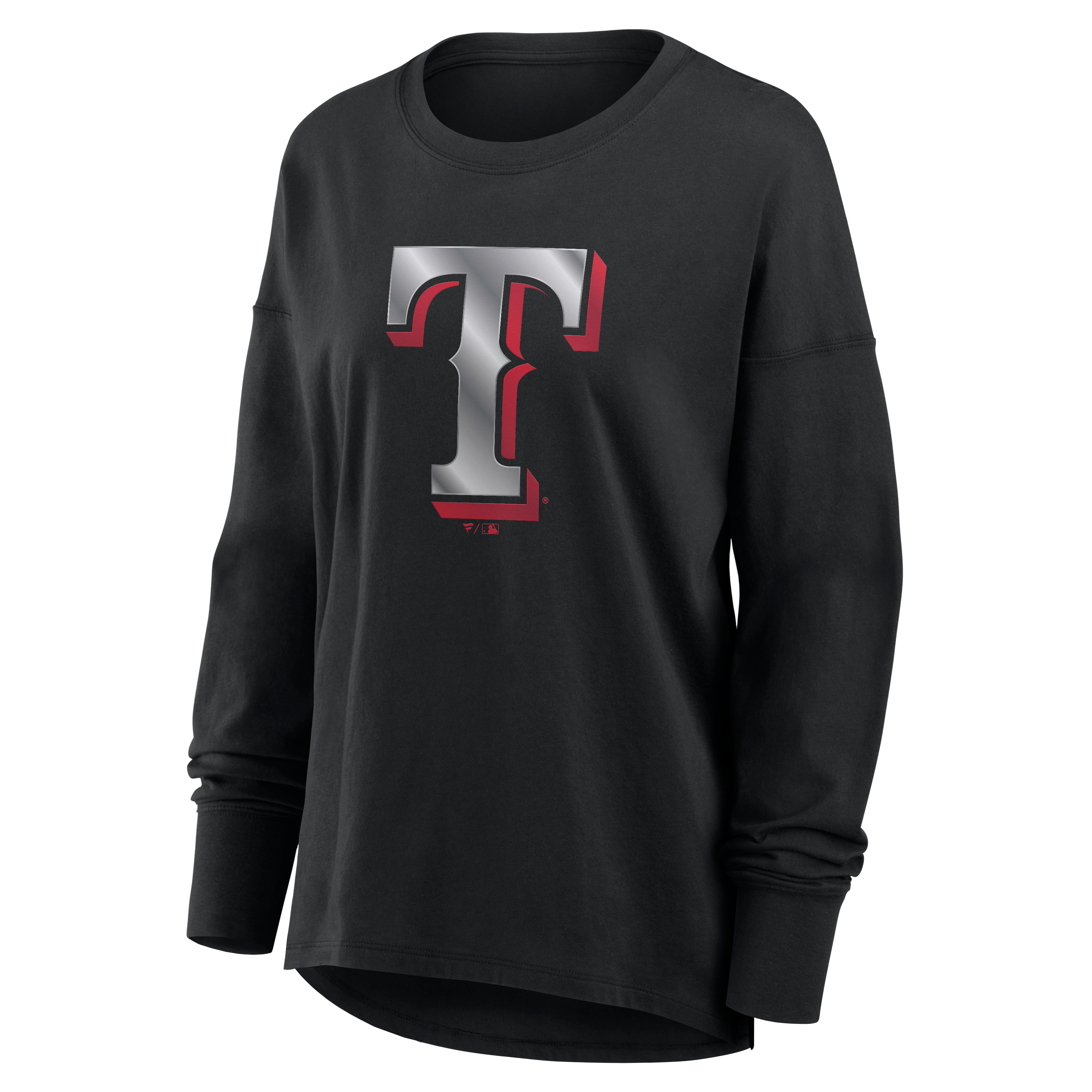 T-shirt à manches longues noir pour femmes avec mascotte métallique des Texas Rangers