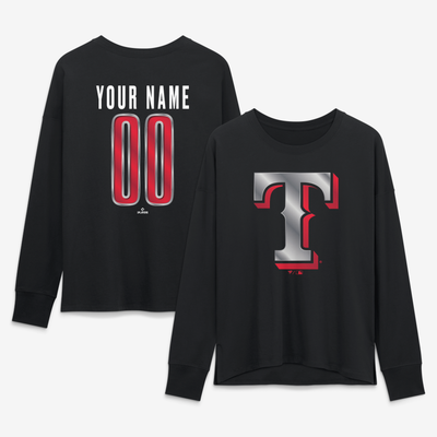 Texas Rangers Women's Metallic Mascot Personalized Name & Number Long Sleeve T-Shirt - Black