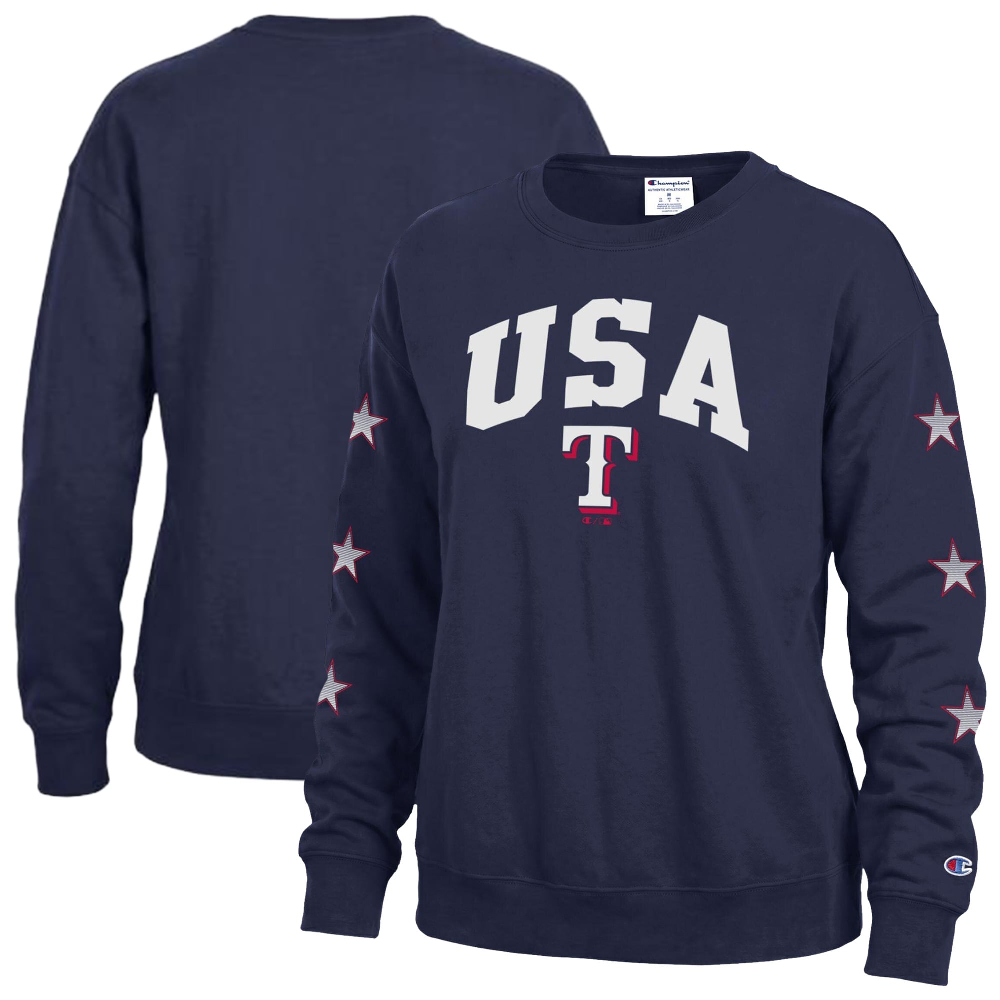 Women's Champion Navy Texas Rangers Americana Fleece Crewneck Sweatshirt