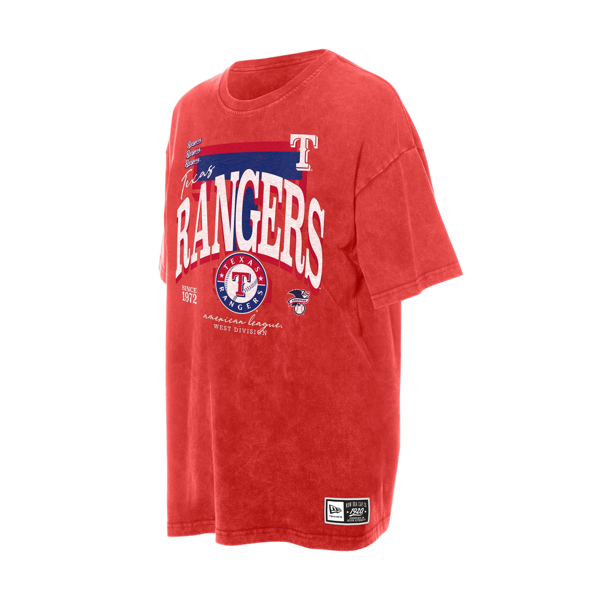 T-shirt boyfriend New Era rouge Texas Rangers pour femme, style rétro, délavé à l'huile minérale