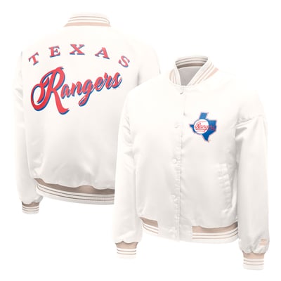 Texas Rangers Starter Women's Fashion Script Satin Full-Snap Varsity Jacket - Cream