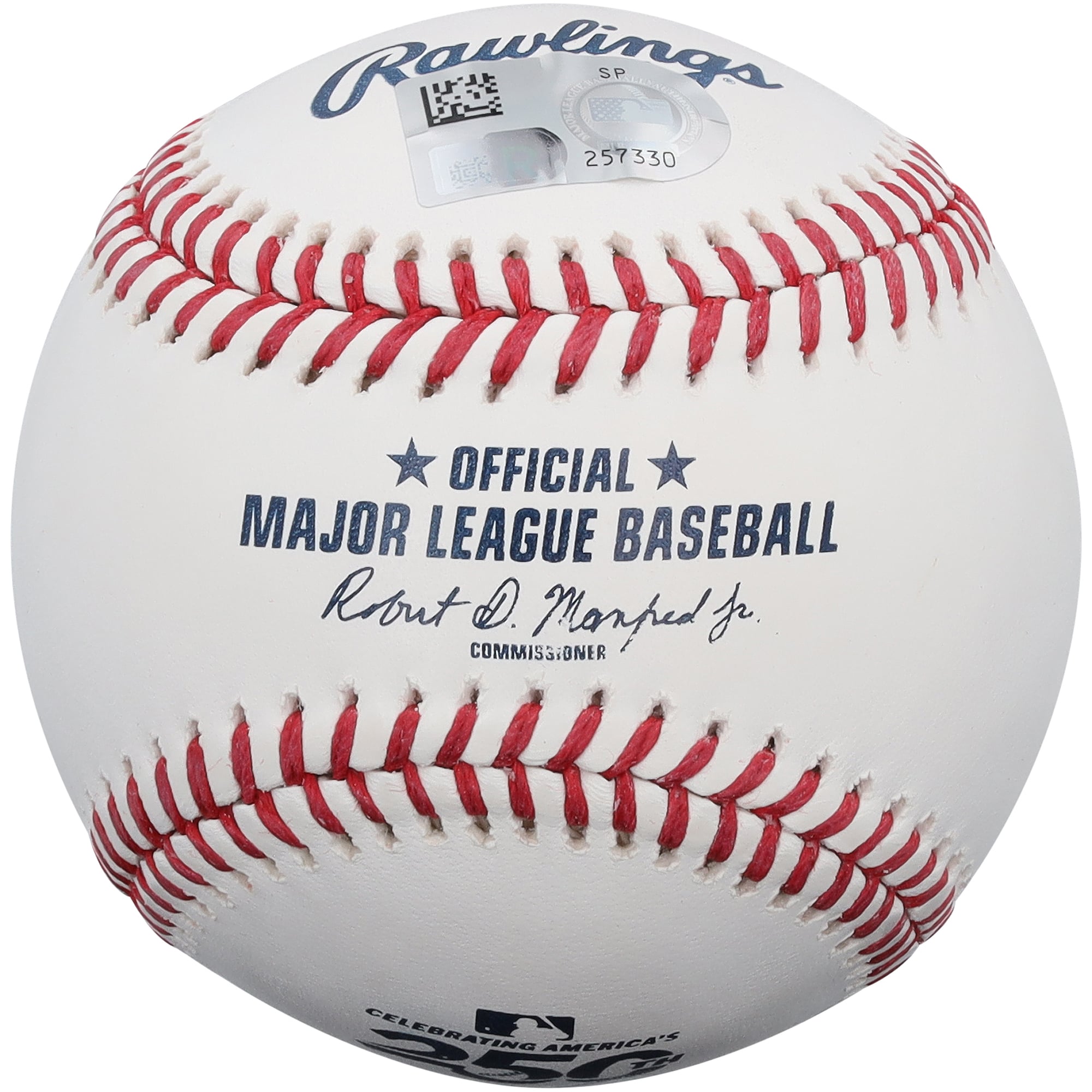 Balle de baseball autographiée par Wyatt Langford des Texas Rangers, logo du 250e anniversaire des États-Unis.