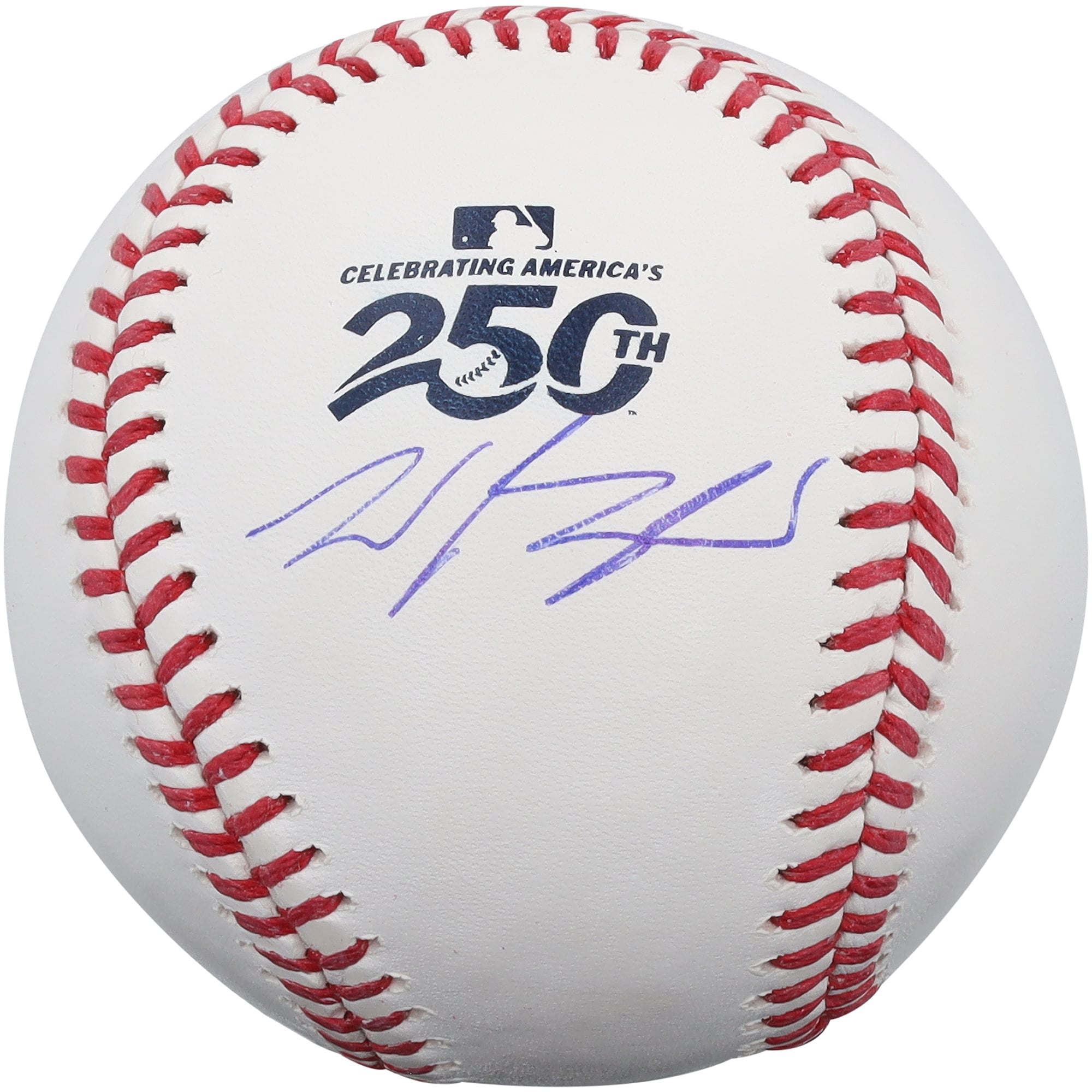 Balle de baseball autographiée par Wyatt Langford des Texas Rangers, logo du 250e anniversaire des États-Unis.