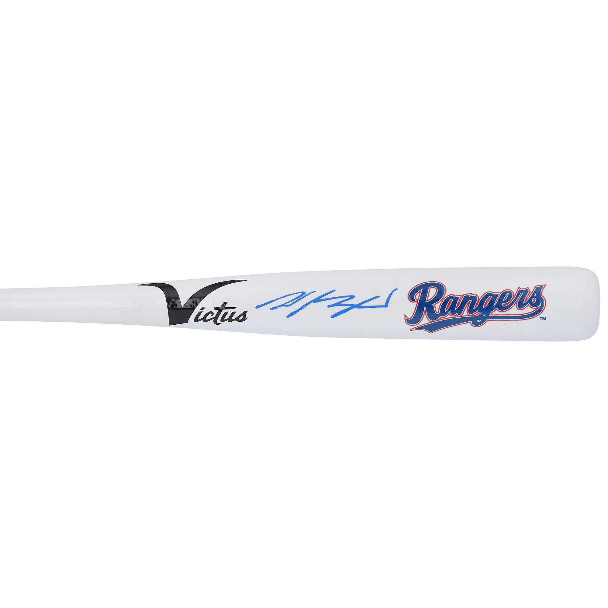 Bâton miniature Victus autographié par Wyatt Langford, Texas Rangers, avec identification de l'équipe.