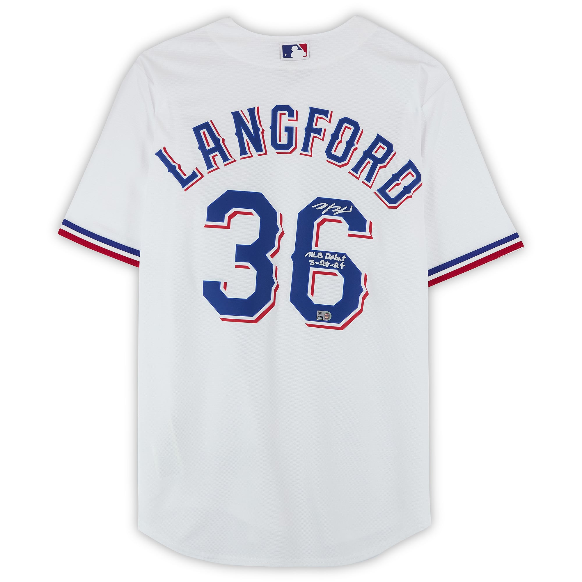 Wyatt Langford Texas Rangers Autographed White Nike Replica Jersey with "MLB Debut 3-28-24" Inscription