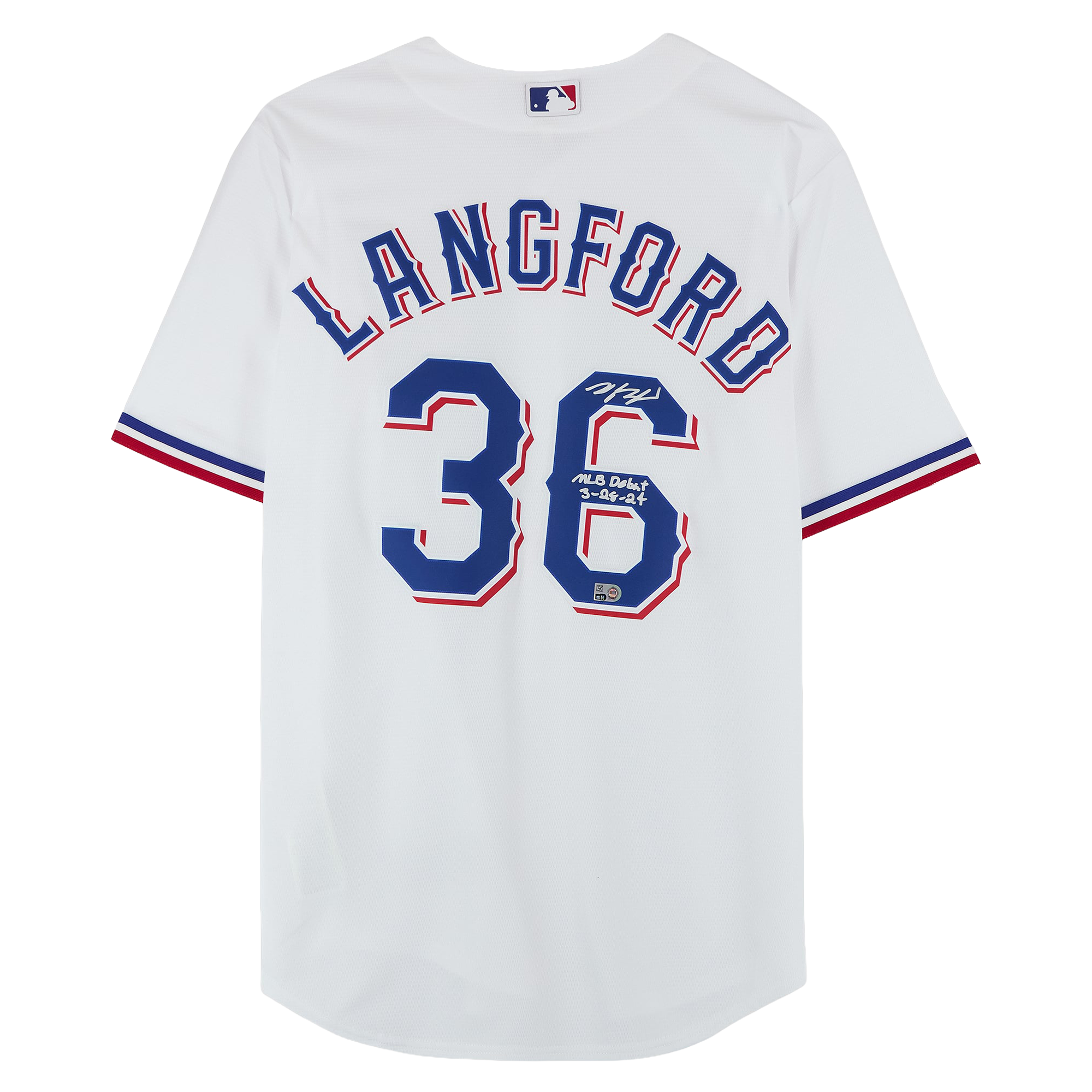 Wyatt Langford Texas Rangers Autographed White Nike Replica Jersey with "MLB Debut 3-28-24" Inscription