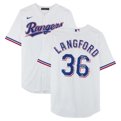 Wyatt Langford Texas Rangers Autographed Fanatics Authentic White Nike Replica Jersey with "MLB Debut 3-28-24" Inscription