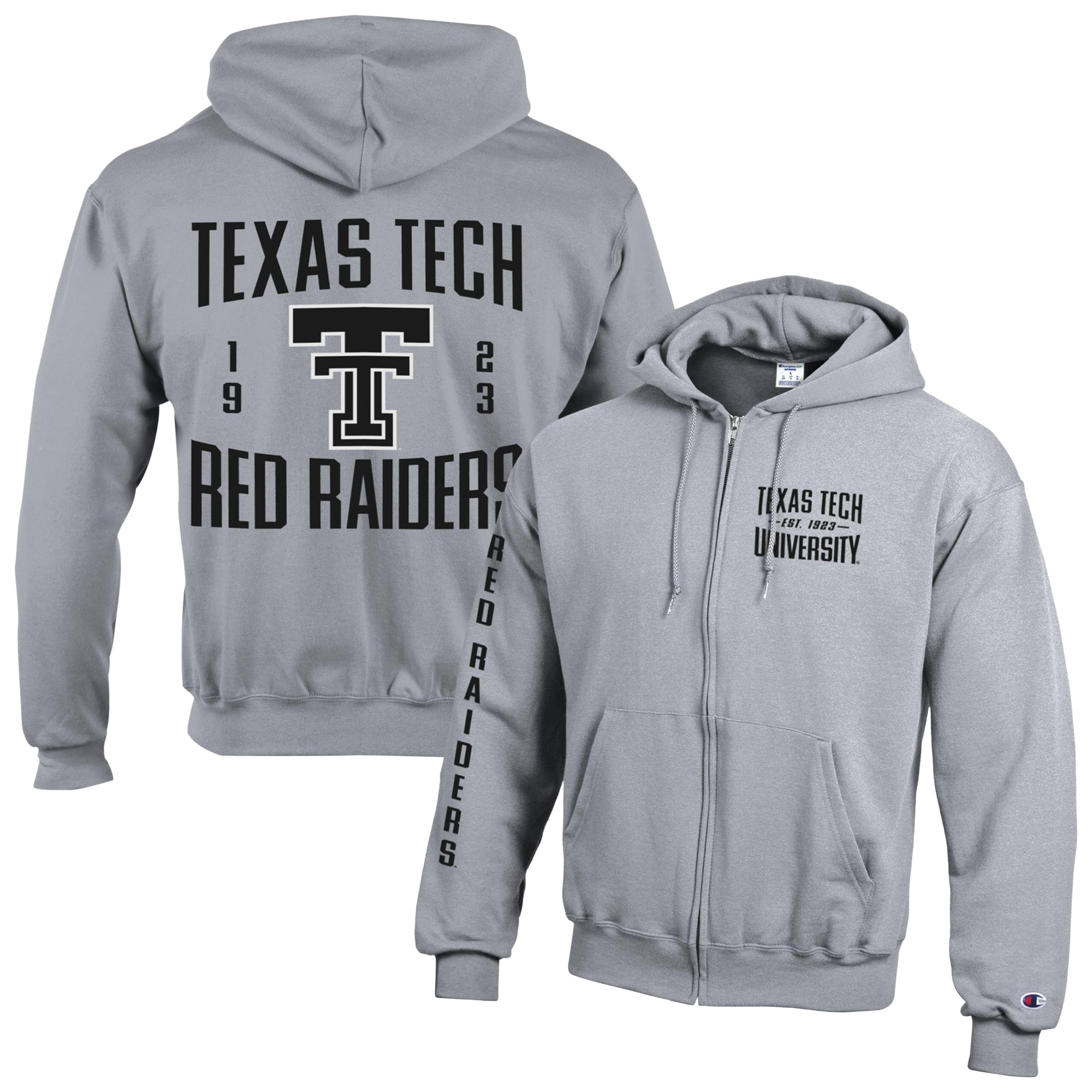 Men's Champion Heather Gray Texas Tech Red Raiders Varsity Powerblend Full-Zip Fleece Hoodie