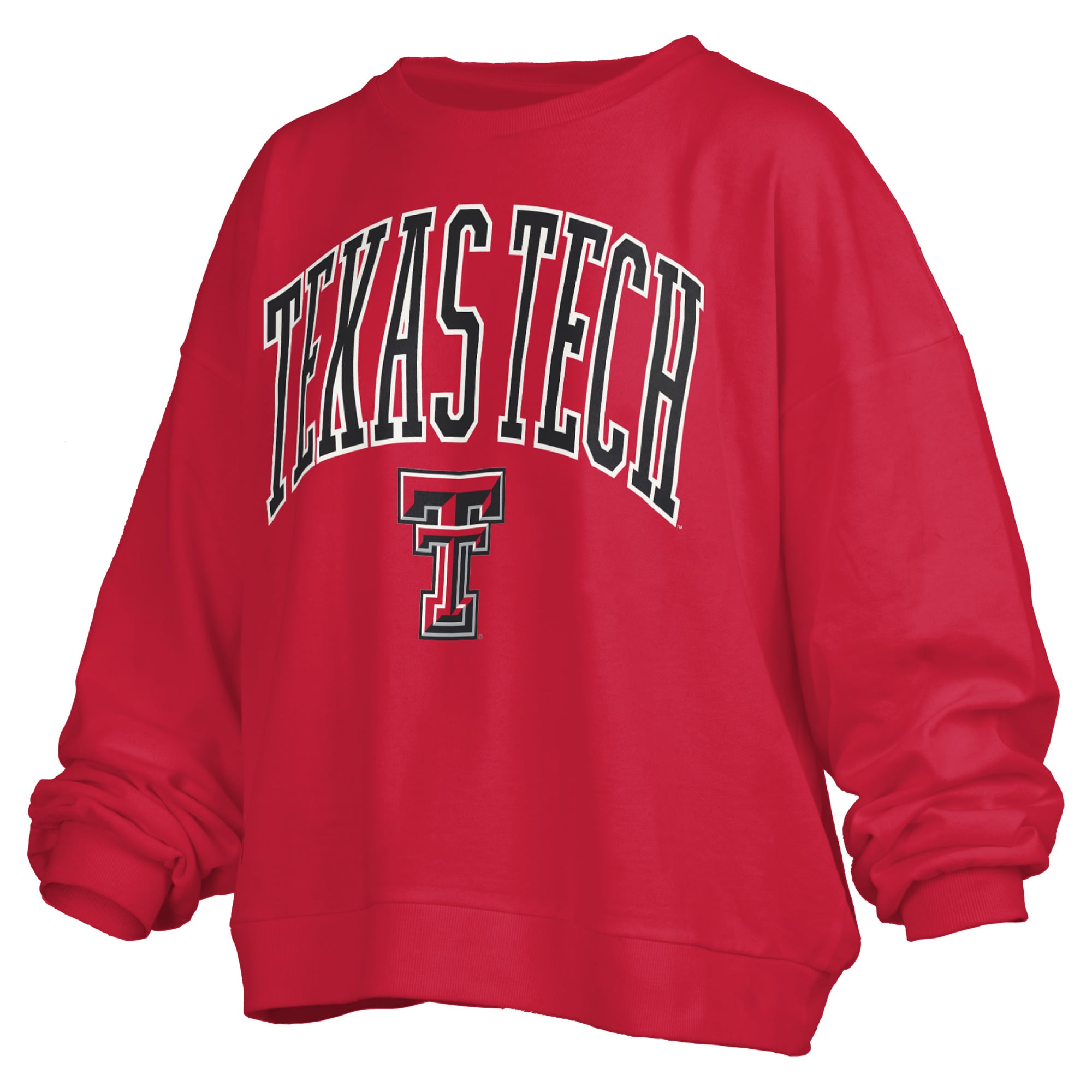 Sweat-shirt polaire oversize Pressbox Red Texas Tech Raiders pour femmes, modèle Janise Arch Over Logo.