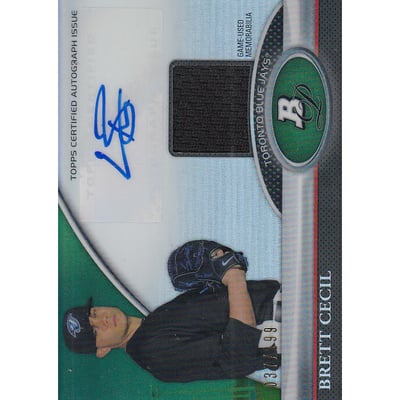 2011 Bowman Platinum Relic Autograph Green Refractors #BC Brett Cecil EXCH