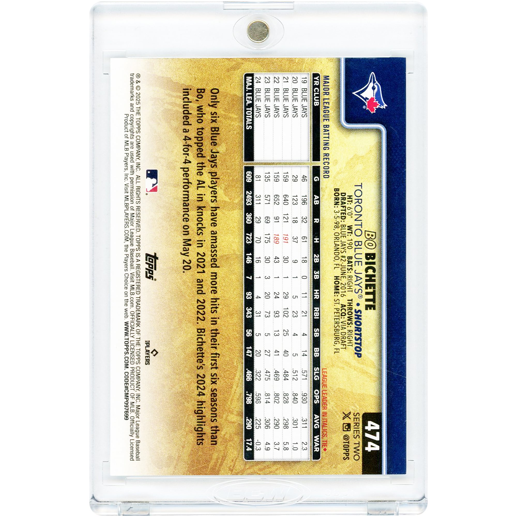 Carte Bo Bichette des Blue Jays de Toronto 2025 Topps Photo Variation n° 474