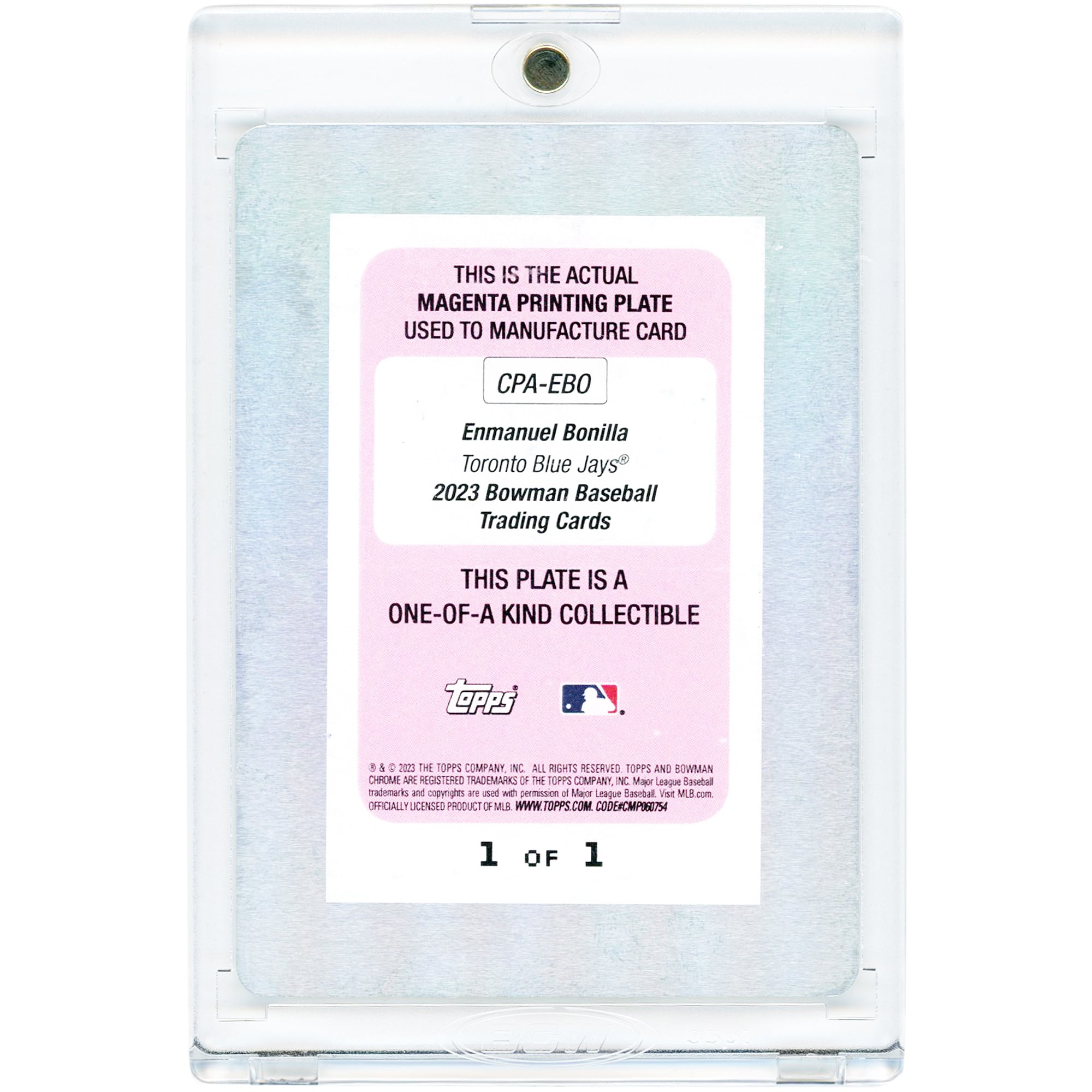 Carte autographiée par Enmanuel Bonilla des Blue Jays de Toronto, 2023, Bowman Magenta Printing Plate #CPA-EBO #1/1