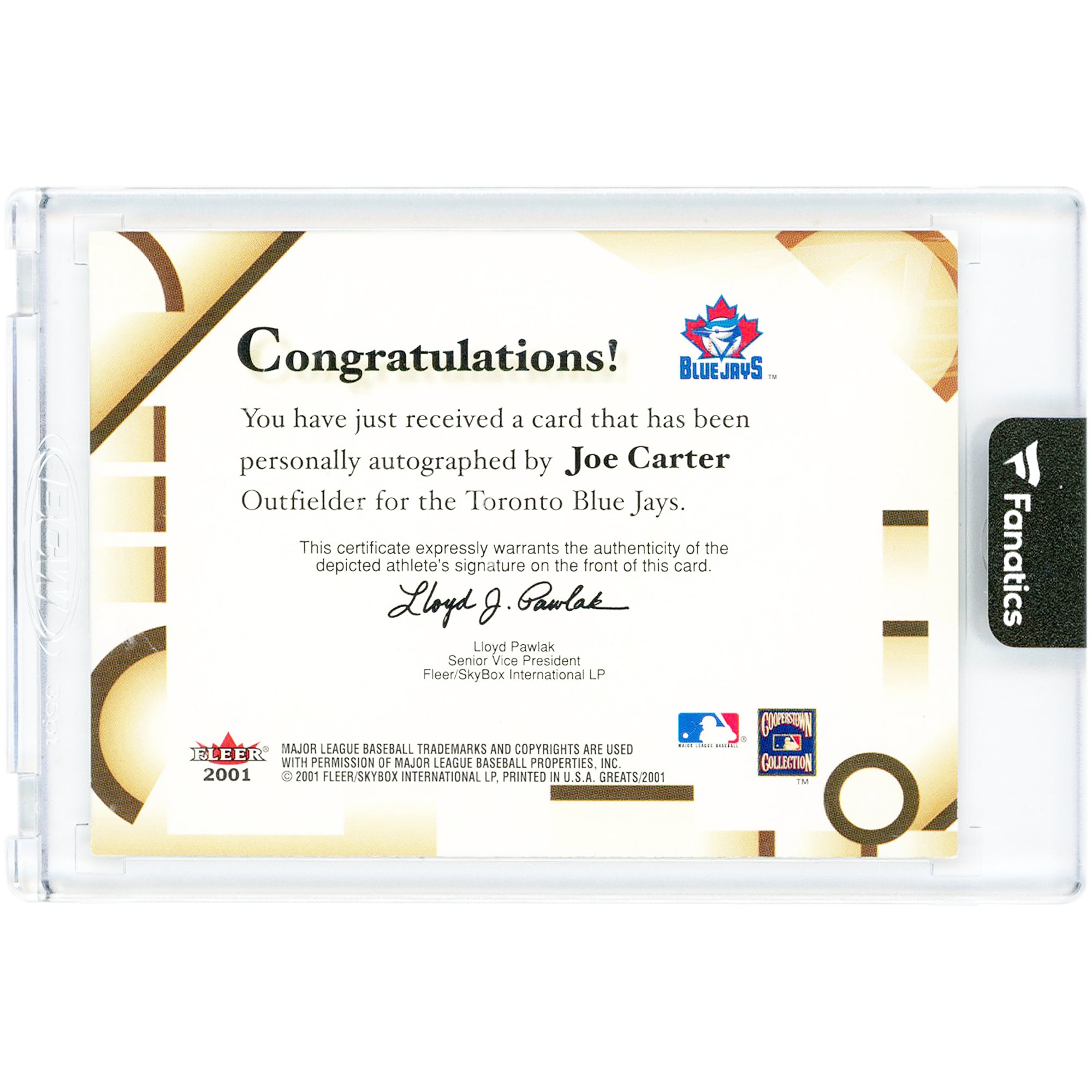 Carte autographiée de Joe Carter (Blue Jays de Toronto) 2001 Fleer Greats Of The Game #NNO