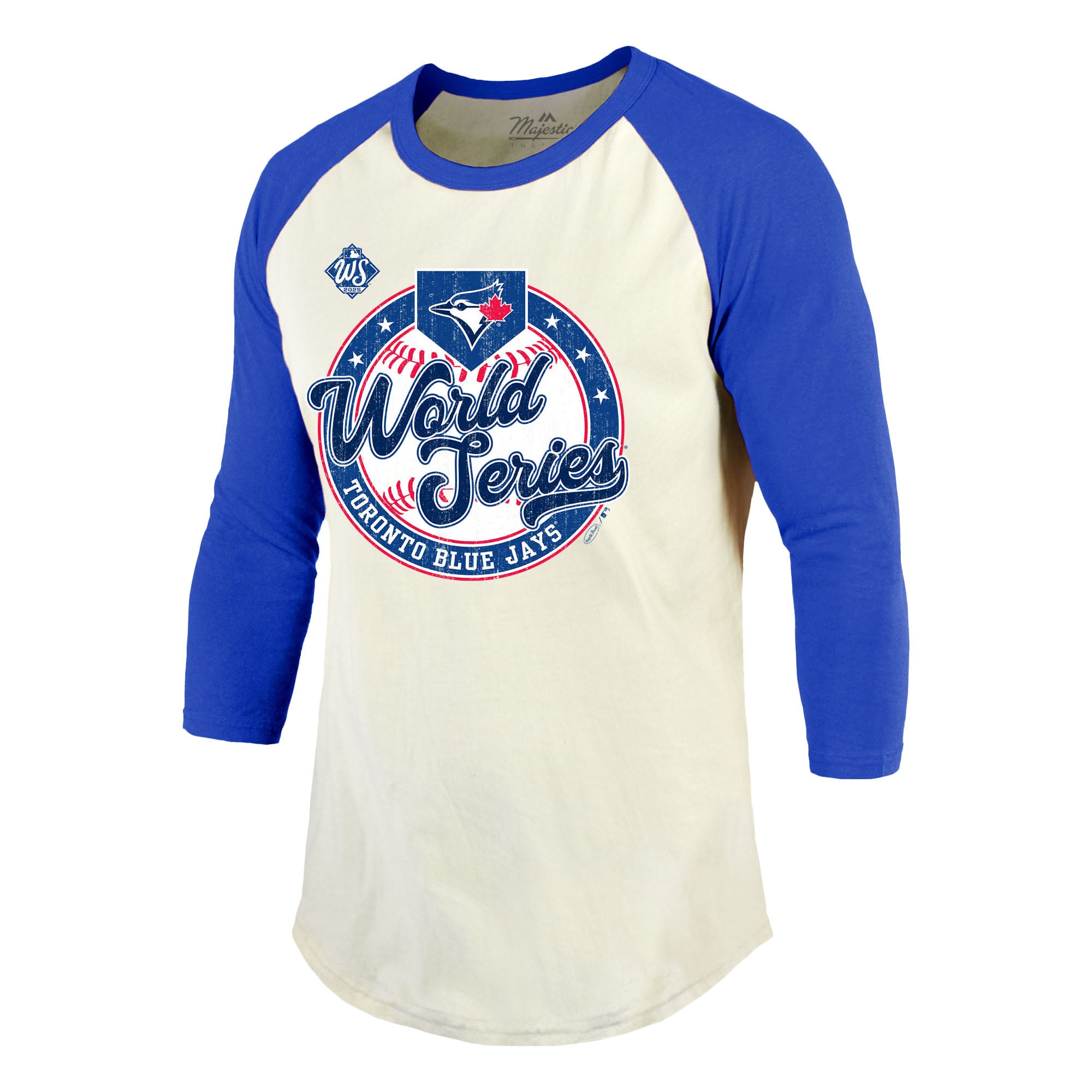 Men's Majestic Threads Cream/Royal Toronto Blue Jays 2025 World Series Softhand Tri-Blend 3/4-Sleeve Raglan T-Shirt