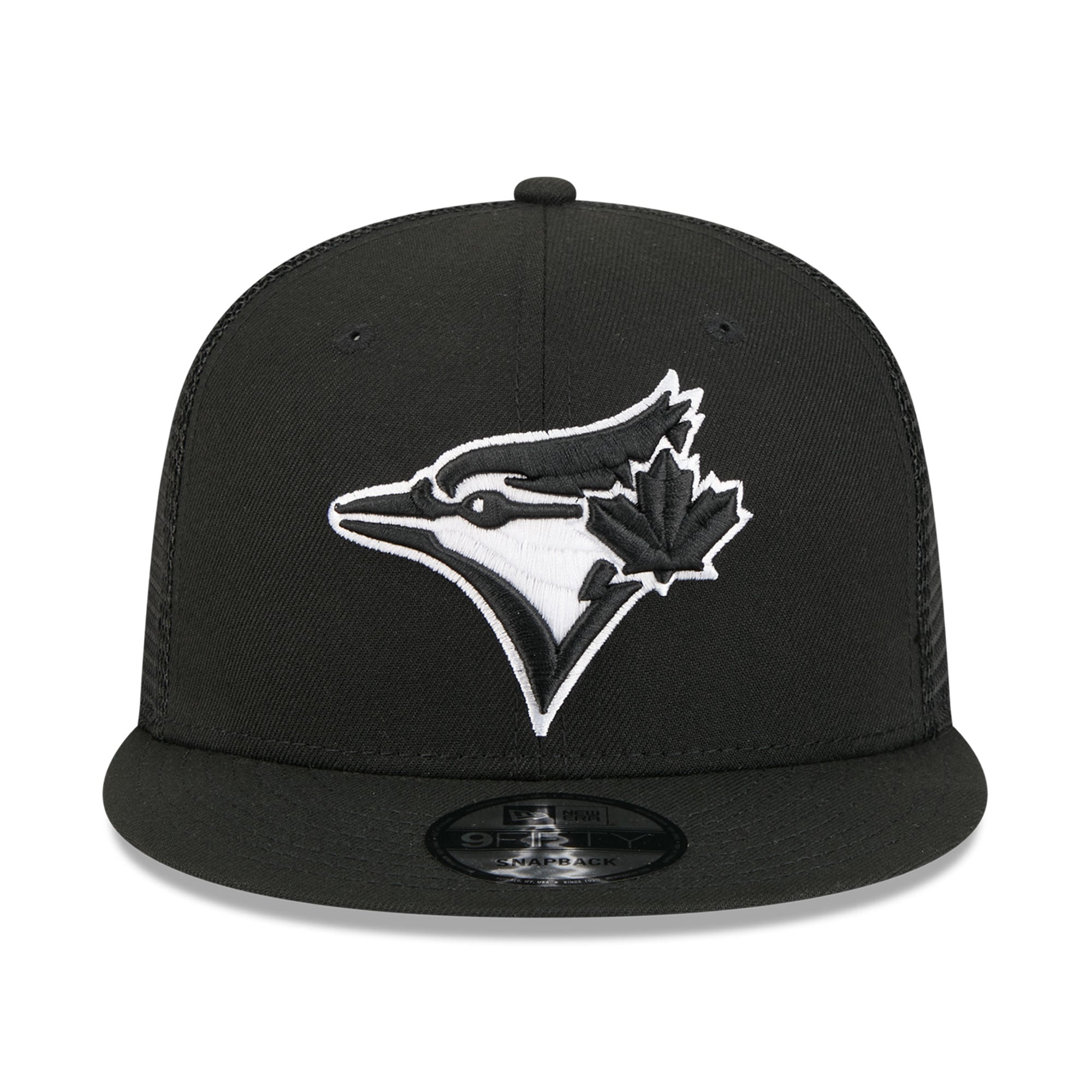 Casquette trucker ajustable New Era 9FIFTY noire pour homme, motif Blue Jays de Toronto