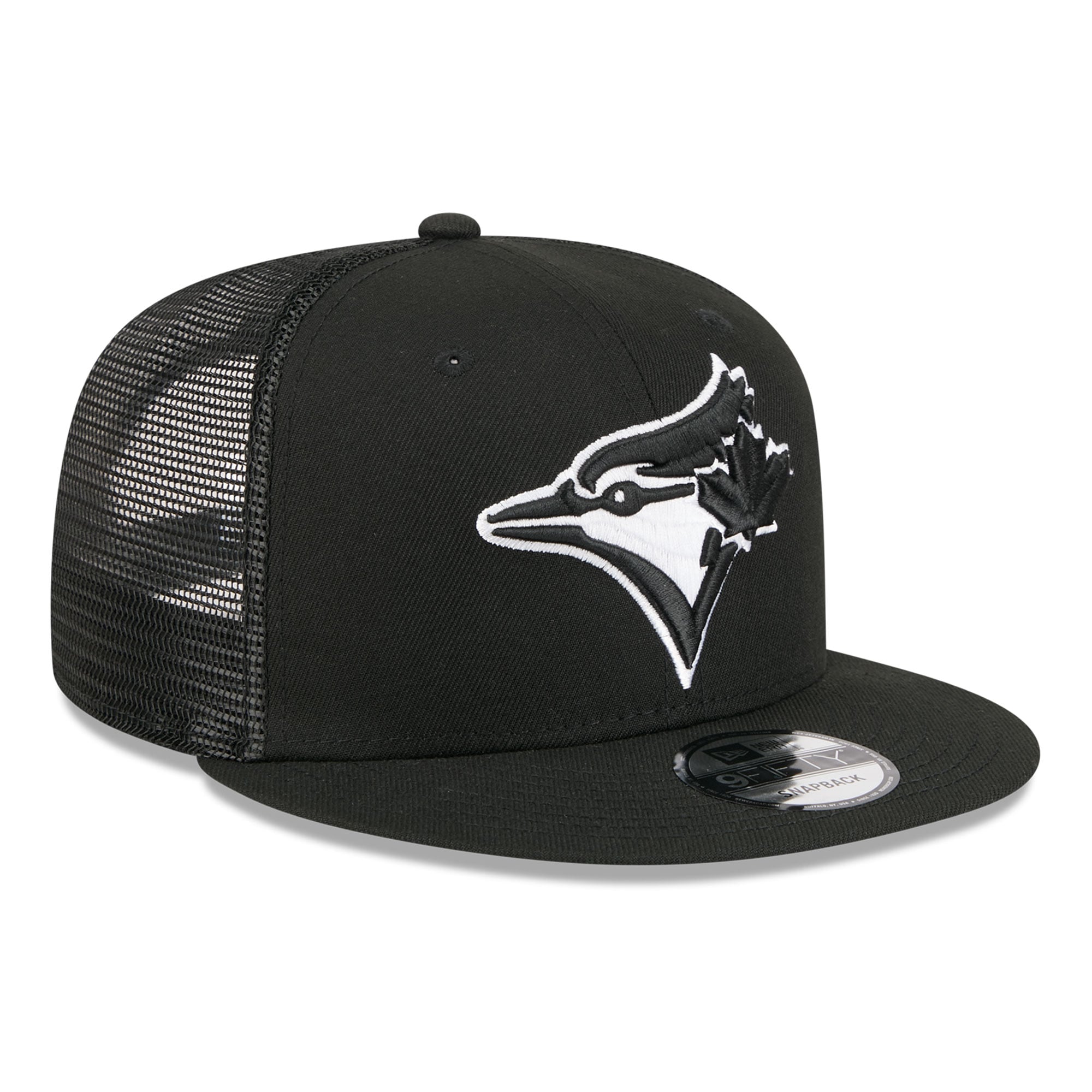 Casquette trucker ajustable New Era 9FIFTY noire pour homme, motif Blue Jays de Toronto