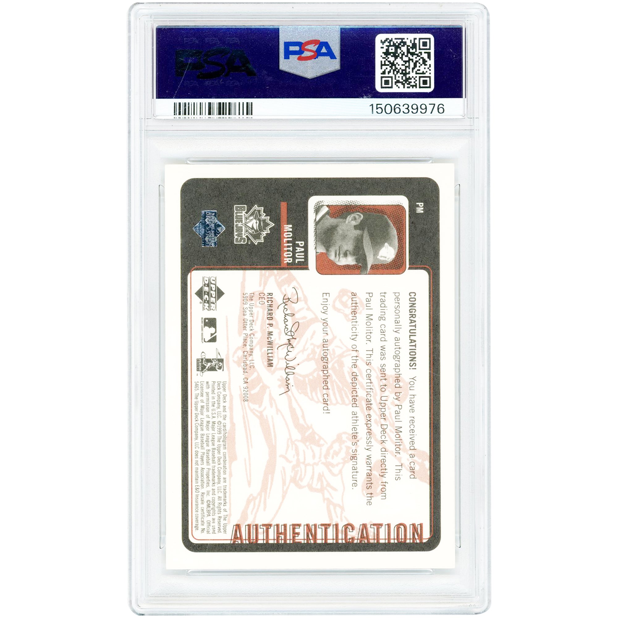 Carte autographiée de Paul Molitor (Blue Jays de Toronto) de 1999, Upper Deck Retro Inkredible #PM, authentifiée par PSA (numéro 9).
