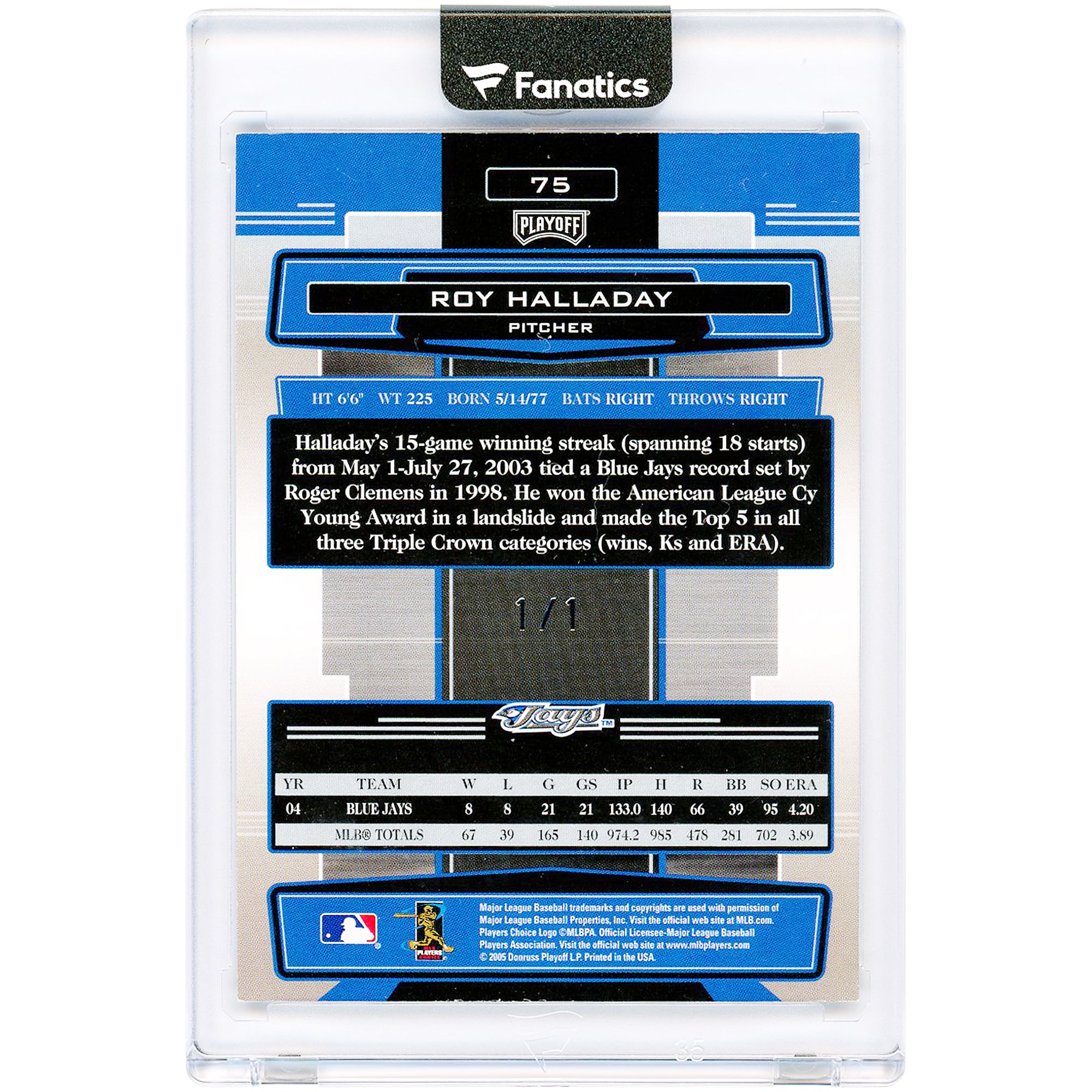 Carte Roy Halladay des Blue Jays de Toronto, séries éliminatoires de 2008, Absolute Memorabilia Spectrum n° 75, n° 1/1