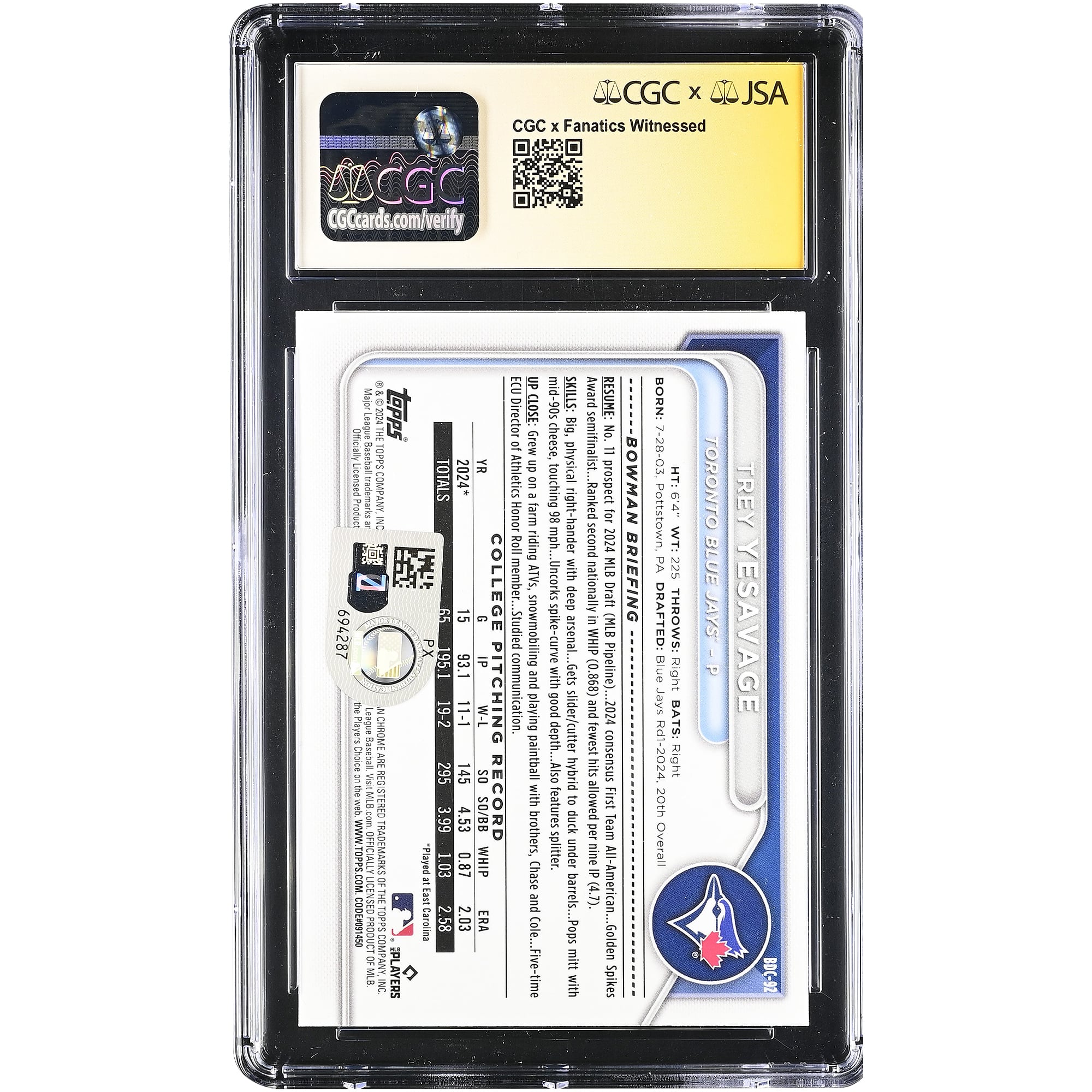 Trey Yesavage Toronto Blue Jays Autographed 2024 Bowman Draft Chrome #BDC-92 CGC Authenticated /10 Card