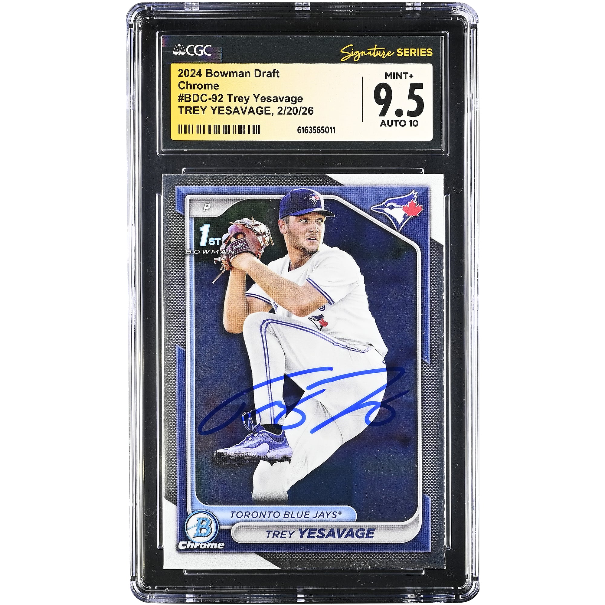 Carte autographiée par Trey Yesavage des Blue Jays de Toronto, Bowman Draft Chrome 2024, numéro BDC-92, authentifiée par CGC (9,5/10).
