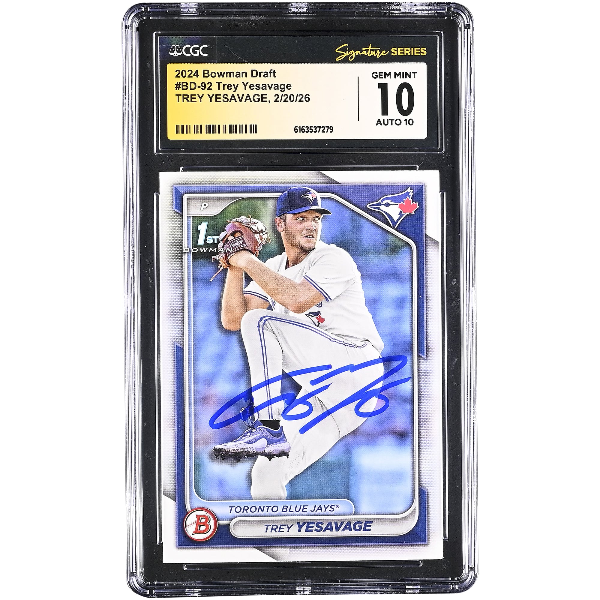 Trey Yesavage Toronto Blue Jays Autographed 2024 Bowman Draft #BD-92 CGC Authenticated 10/10 Card