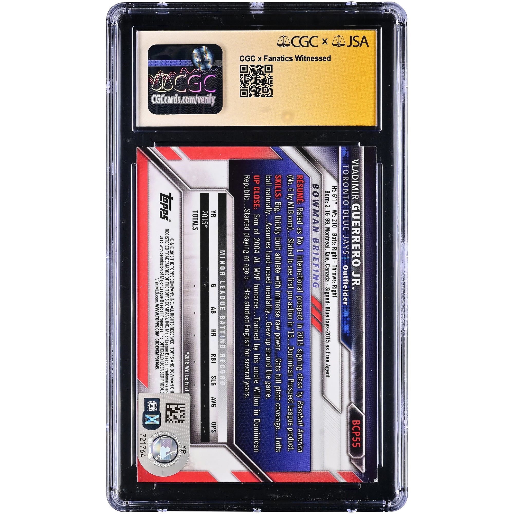 Vladimir Guerrero Jr. Toronto Blue Jays Autographed 2016 Bowman Chrome Prospects #BCP55 CGC Fanatics Witnessed Authenticated 9.5/10 Card
