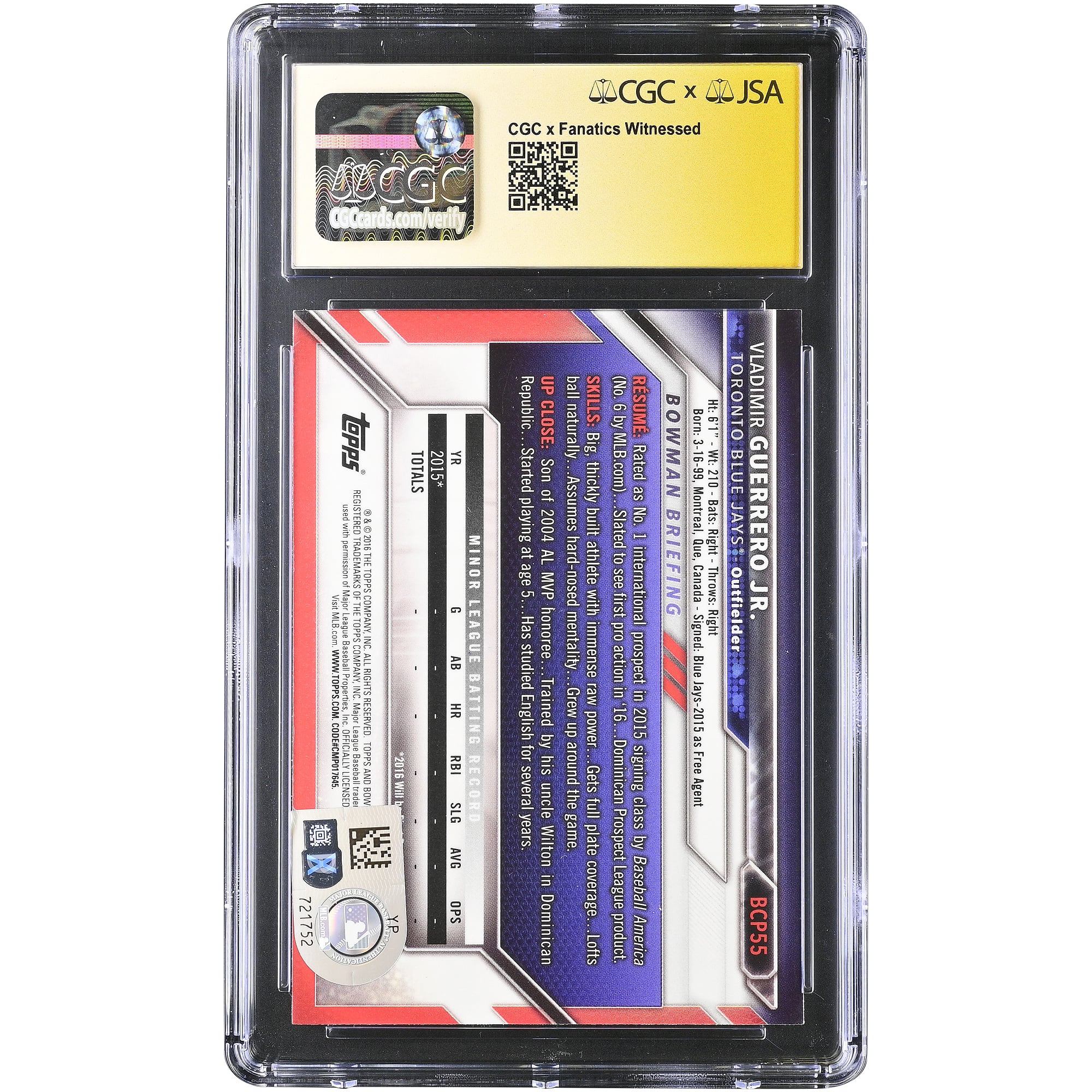 Vladimir Guerrero Jr. Toronto Blue Jays Autographed 2016 Bowman Chrome Prospects #BCP55 CGC Fanatics Witnessed Authenticated AUTO 10 Card