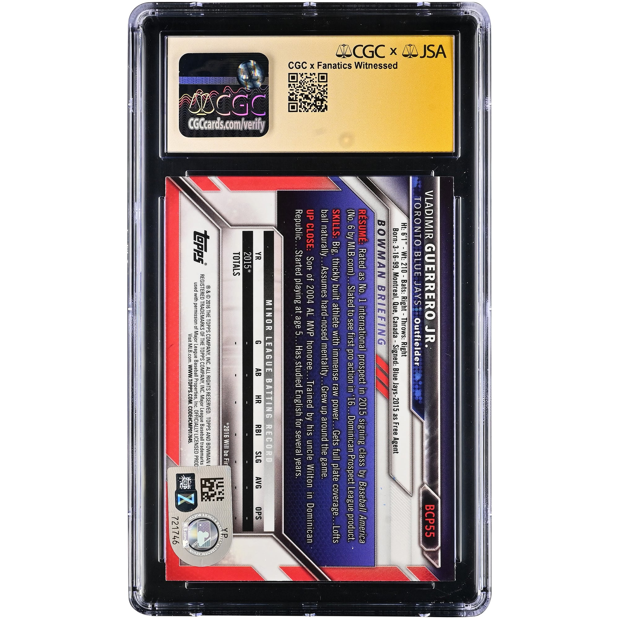 Vladimir Guerrero Jr. Toronto Blue Jays Autographed 2016 Bowman Chrome Prospects #BCP55 CGC Fanatics Witnessed Authenticated MINT+ 9.5 Card