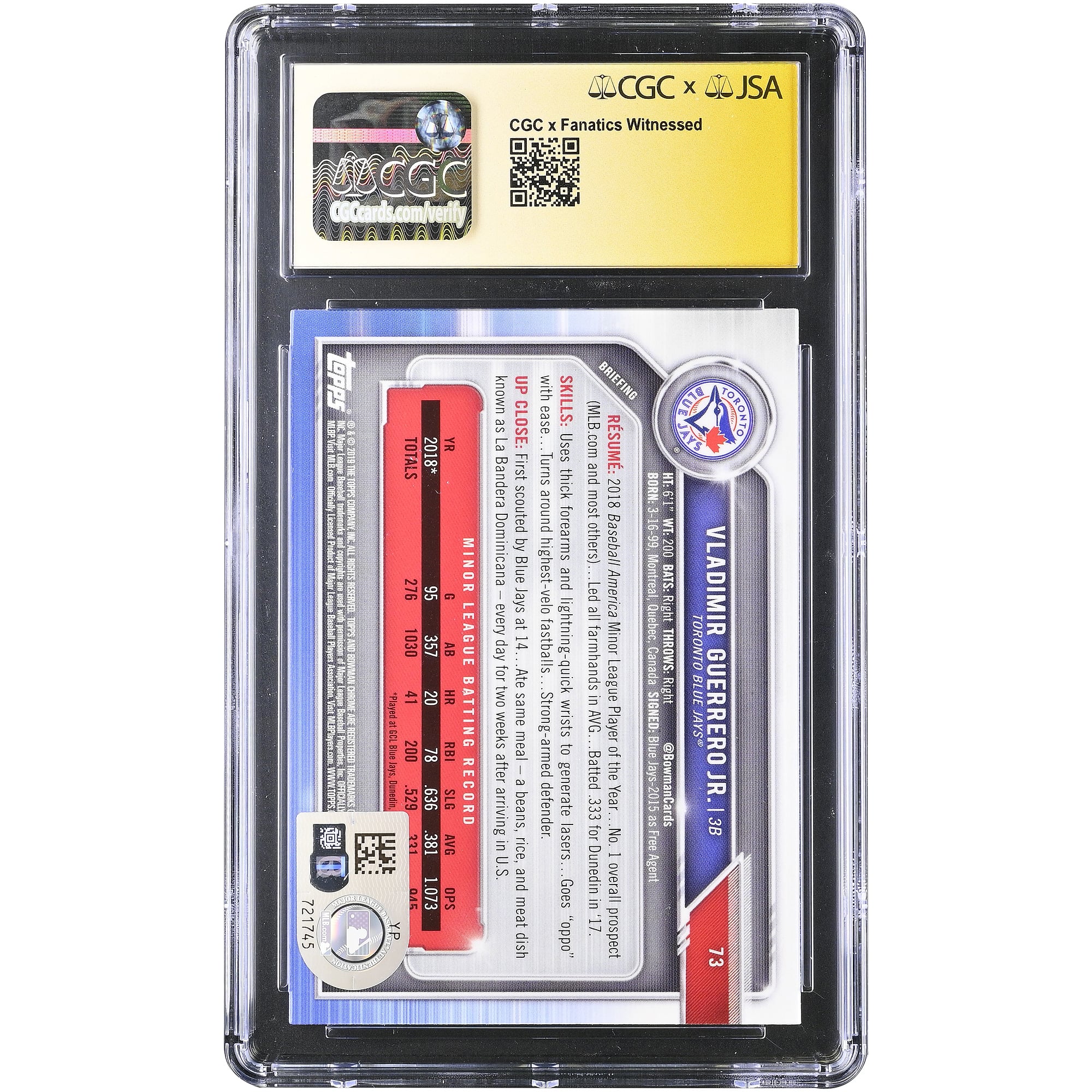 Vladimir Guerrero Jr. Toronto Blue Jays Autographed 2019 Bowman Chrome #73 CGC Fanatics Witnessed Authenticated 10/10 Rookie Card