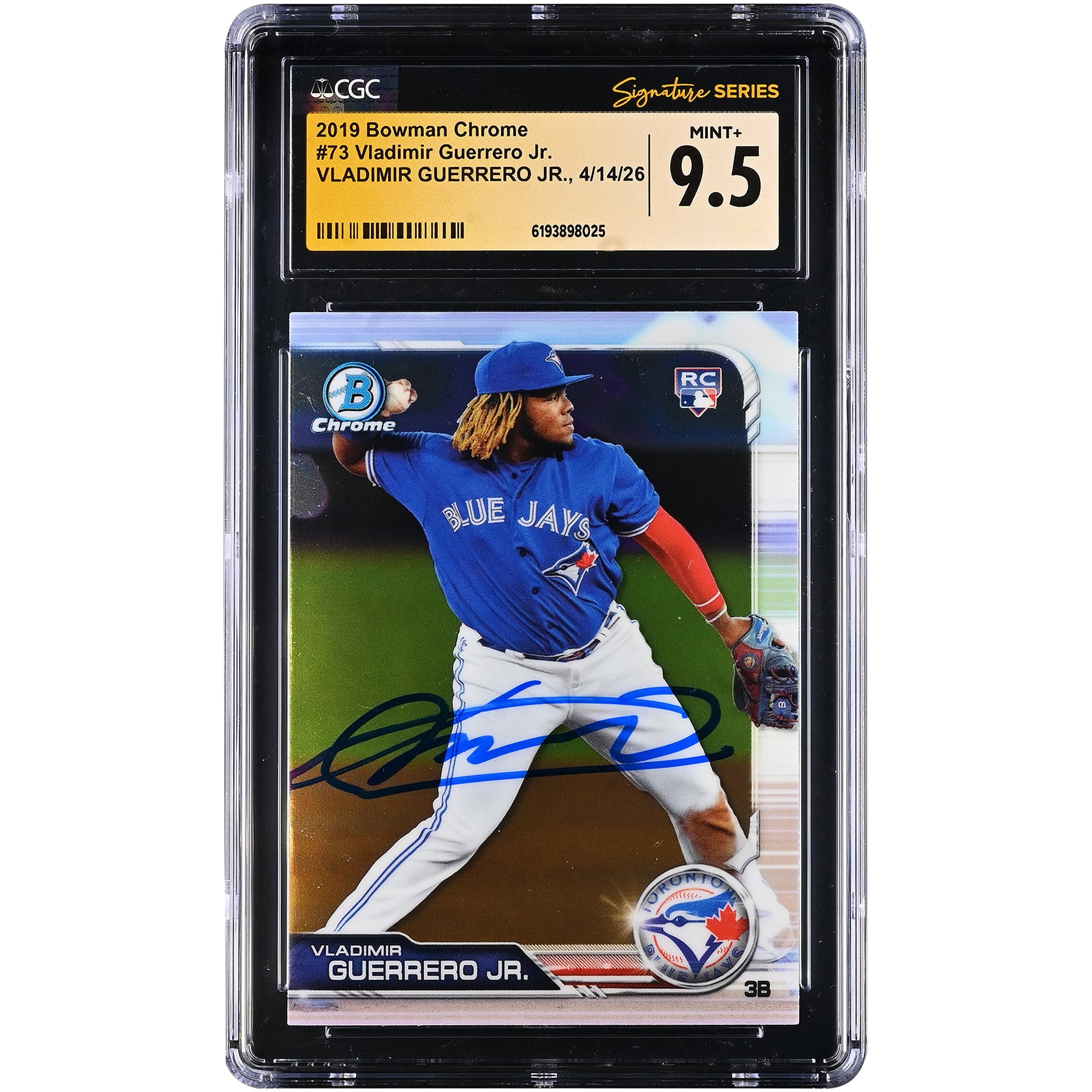 Carte recrue autographiée de Vladimir Guerrero Jr. (Blue Jays de Toronto), Bowman Chrome 2019, n° 73, authentifiée par Fanatics Witnessed (CGC), état neuf+ (9,5).