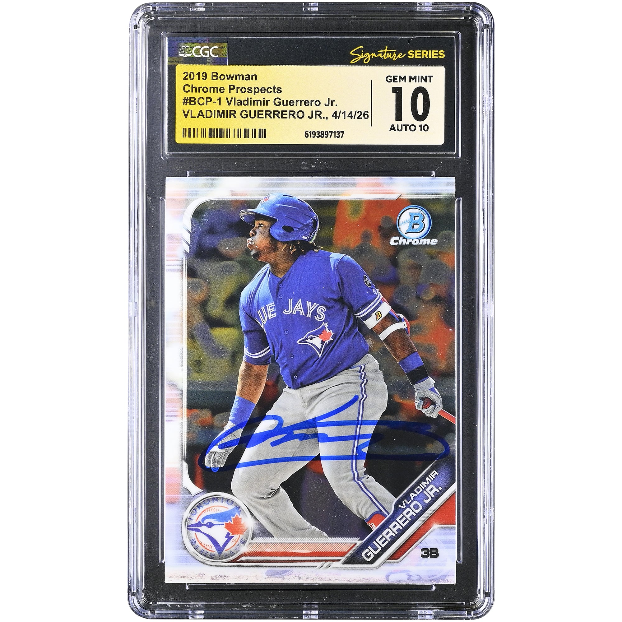 Carte de recrue autographiée de Vladimir Guerrero Jr. (Blue Jays de Toronto), collection Bowman Chrome Prospects 2019, numéro BCP-1, authentifiée 10/10 par Fanatics Witnessed (CGC).