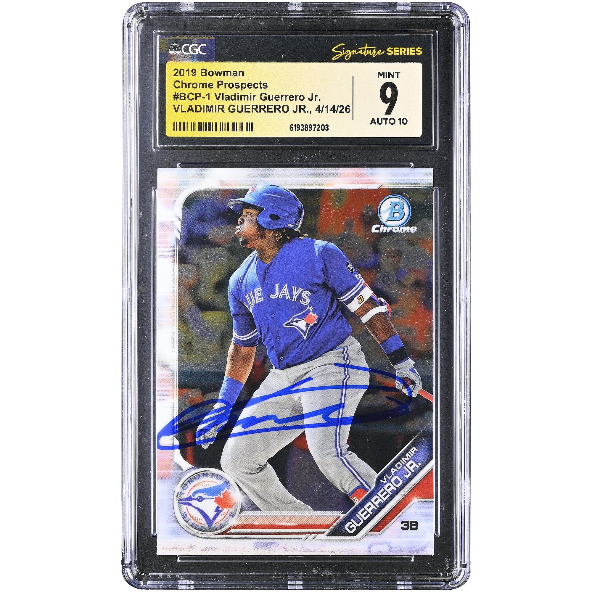 Carte de recrue autographiée de Vladimir Guerrero Jr. (Blue Jays de Toronto), collection Bowman Chrome Prospects 2019, numéro BCP-1, authentifiée par Fanatics Witnessed (CGC, cote 9/10).