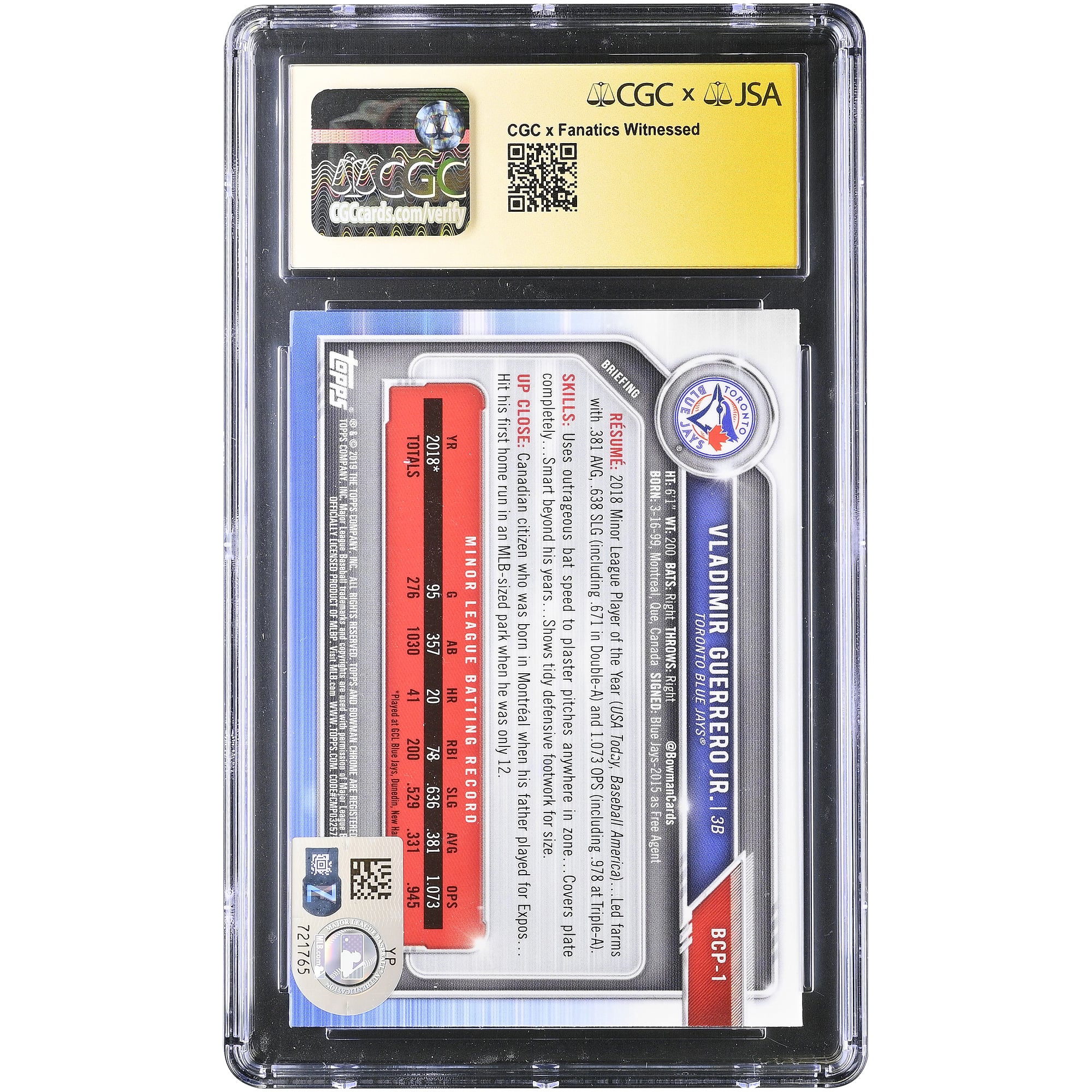 Carte de recrue autographiée de Vladimir Guerrero Jr. (Blue Jays de Toronto), collection Bowman Chrome Prospects 2019, numéro BCP-1, authentifiée par Fanatics Witnessed (CGC, cote 9/10).