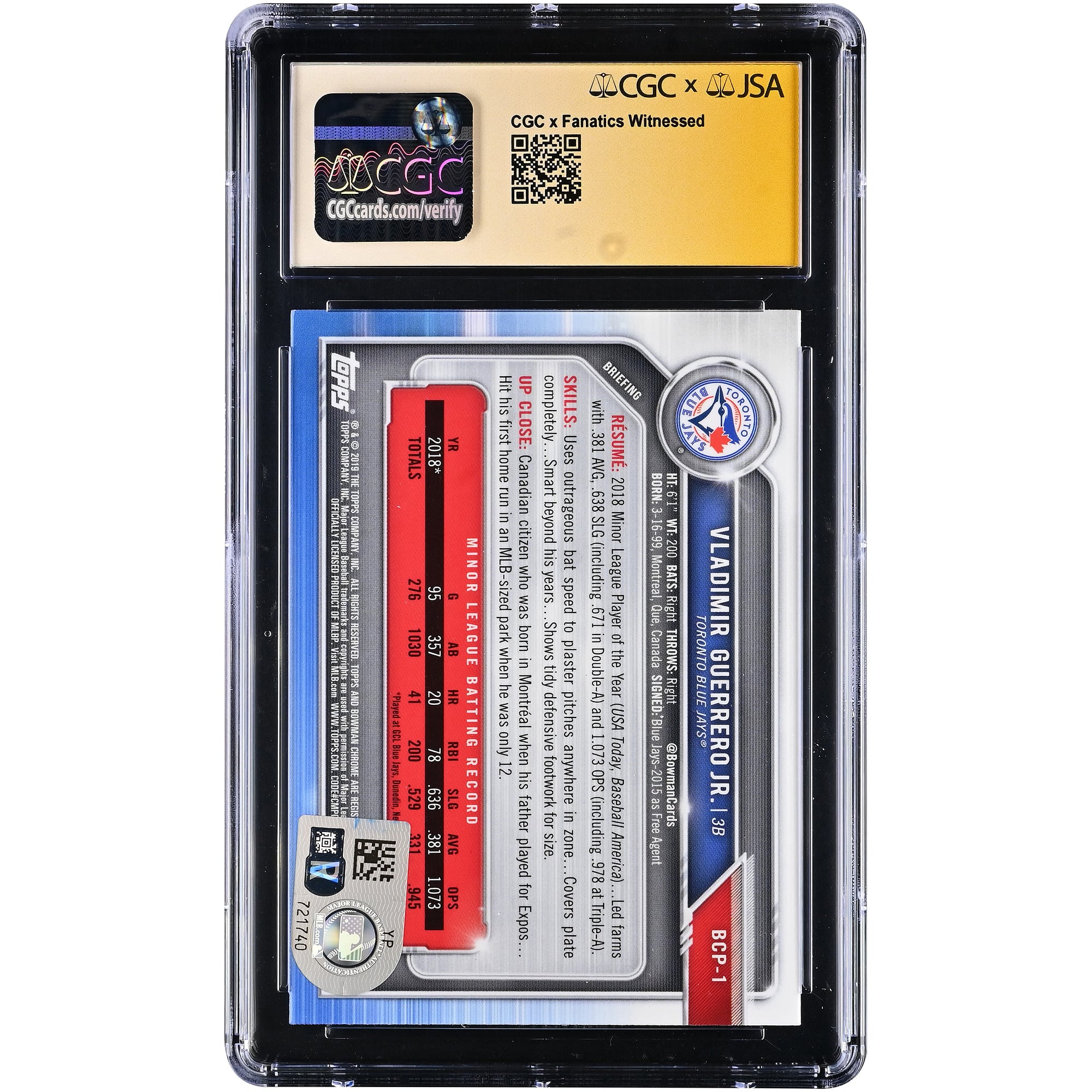 Vladimir Guerrero Jr. Toronto Blue Jays Autographed 2019 Bowman Chrome Prospects #BCP-1 CGC Fanatics Witnessed Authenticated /10 Rookie Card