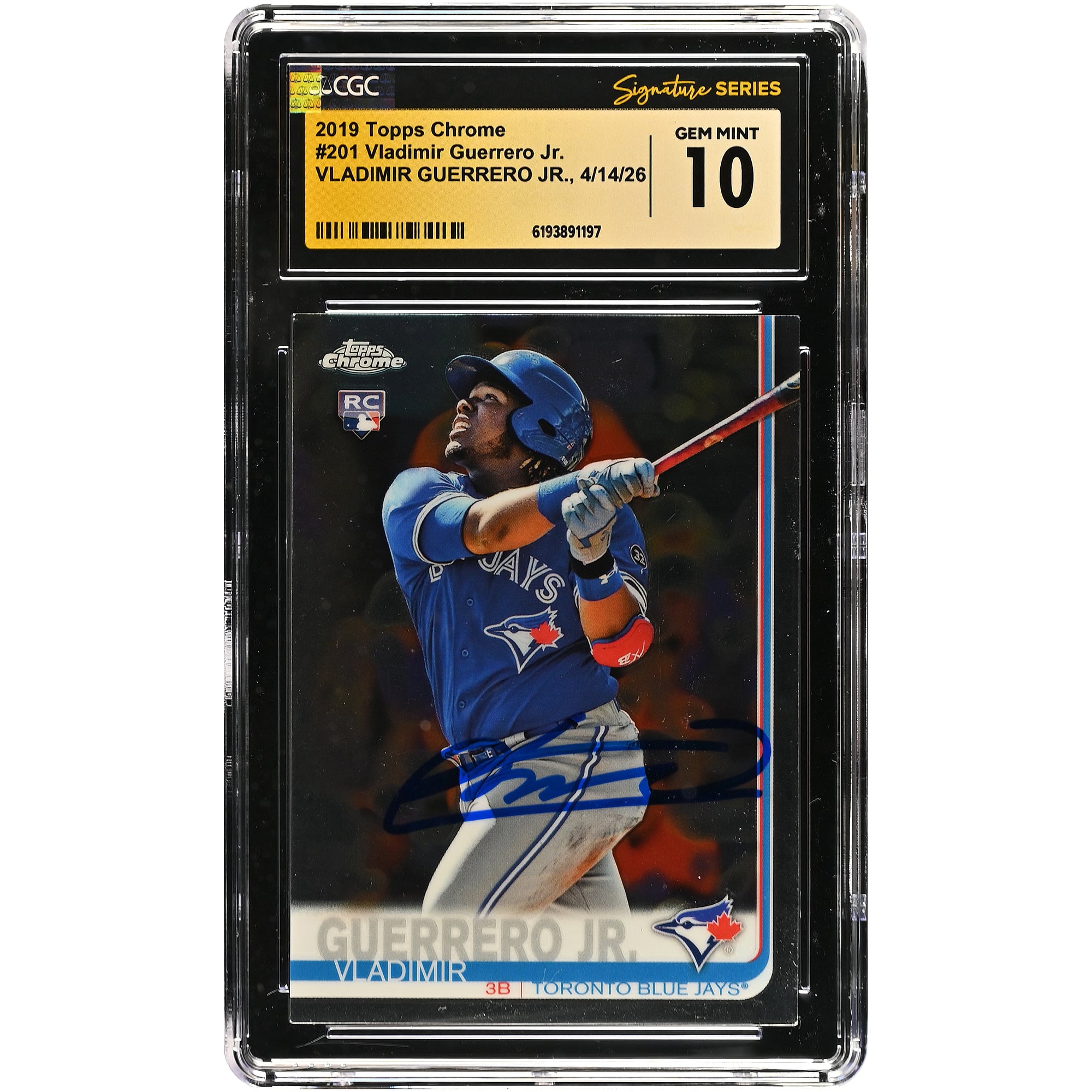 Vladimir Guerrero Jr. Toronto Blue Jays Autographed 2019 Topps Chrome #201 CGC Fanatics Witnessed Authenticated GEM MINT 10 Rookie Card