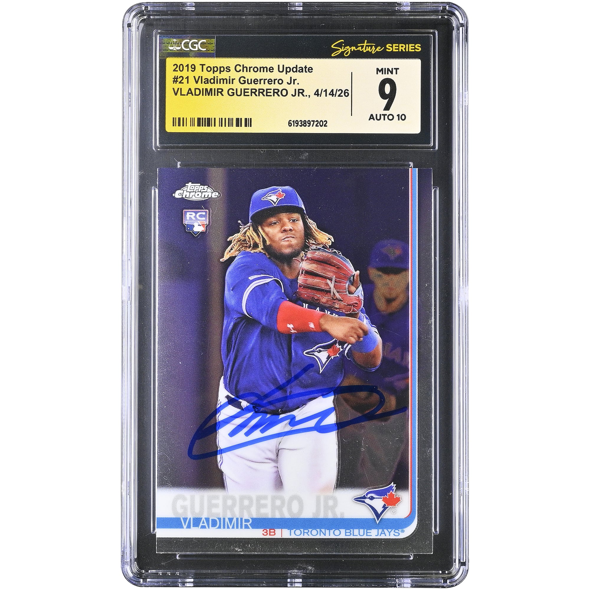 Carte de recrue autographiée de Vladimir Guerrero Jr. (Blue Jays de Toronto), Topps Chrome Update 2019 n° 21, authentifiée par CGC Fanatics Witnessed (note 9/10).