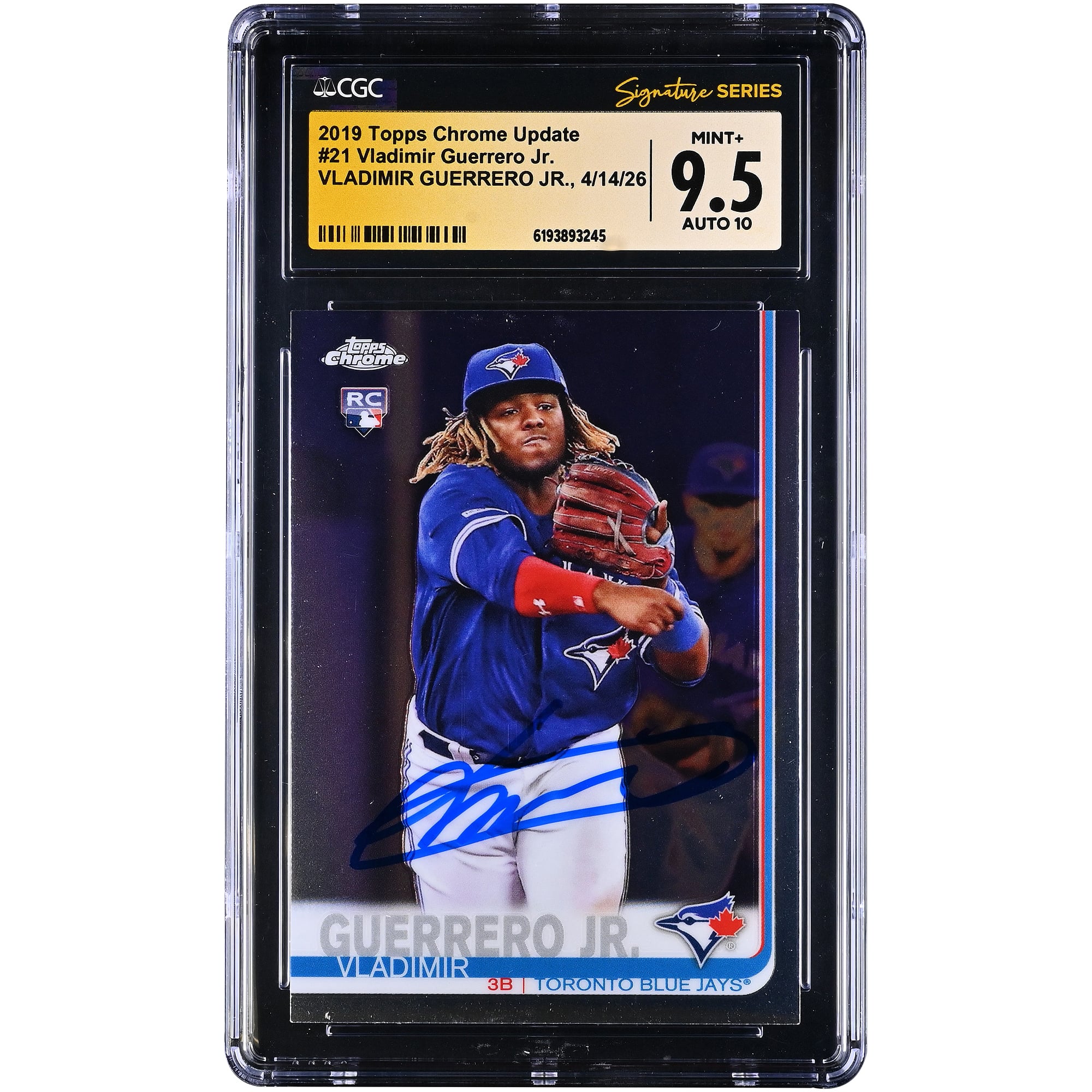 Carte de recrue autographiée de Vladimir Guerrero Jr. (Blue Jays de Toronto), Topps Chrome Update 2019 n° 21, authentifiée par CGC Fanatics Witnessed (note 9,5/10).