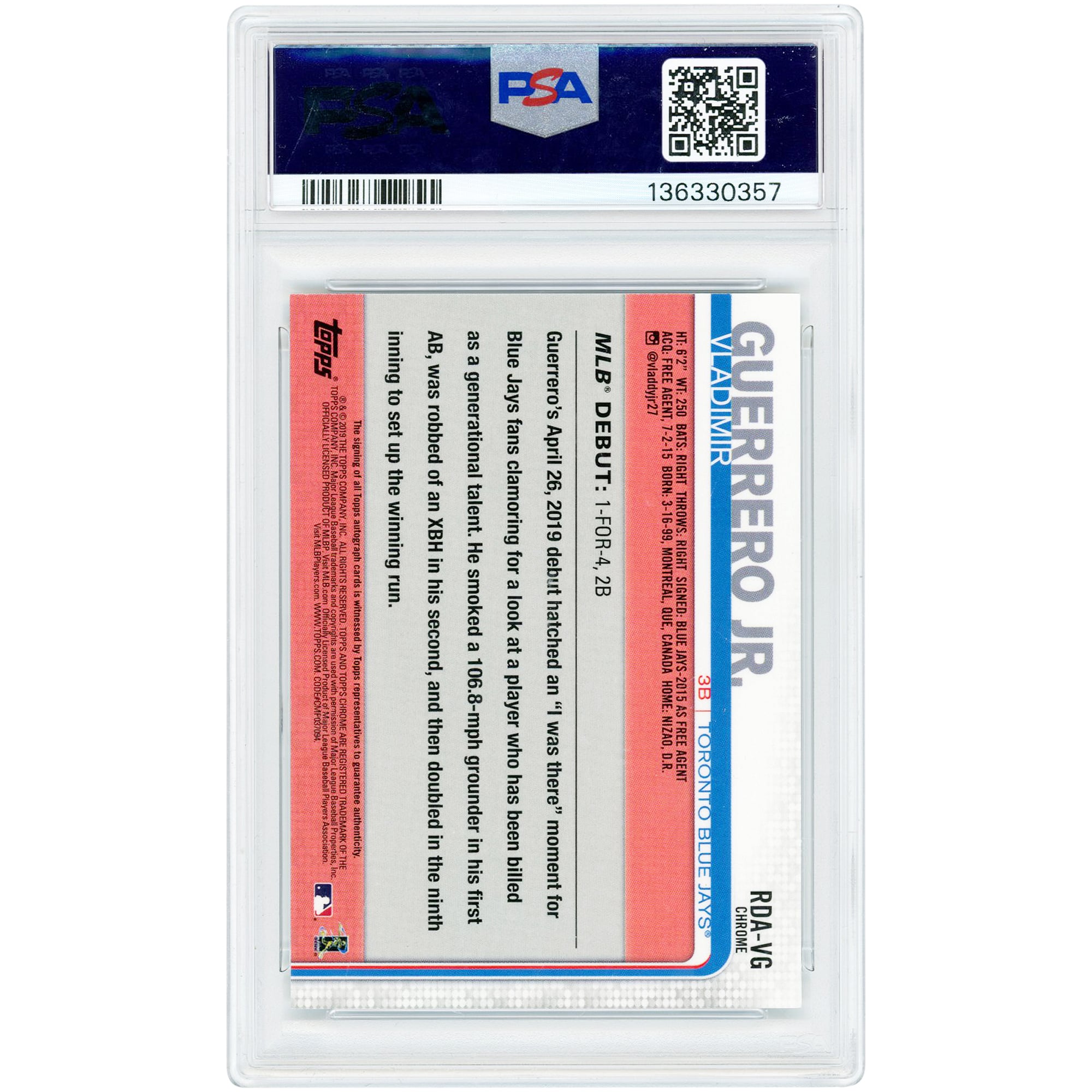 Vladimir Guerrero Jr. Toronto Blue Jays Autographed 2019 Topps Chrome Update Rookie Debut #RDA-VG PSA Authenticated 8/10 Rookie Card