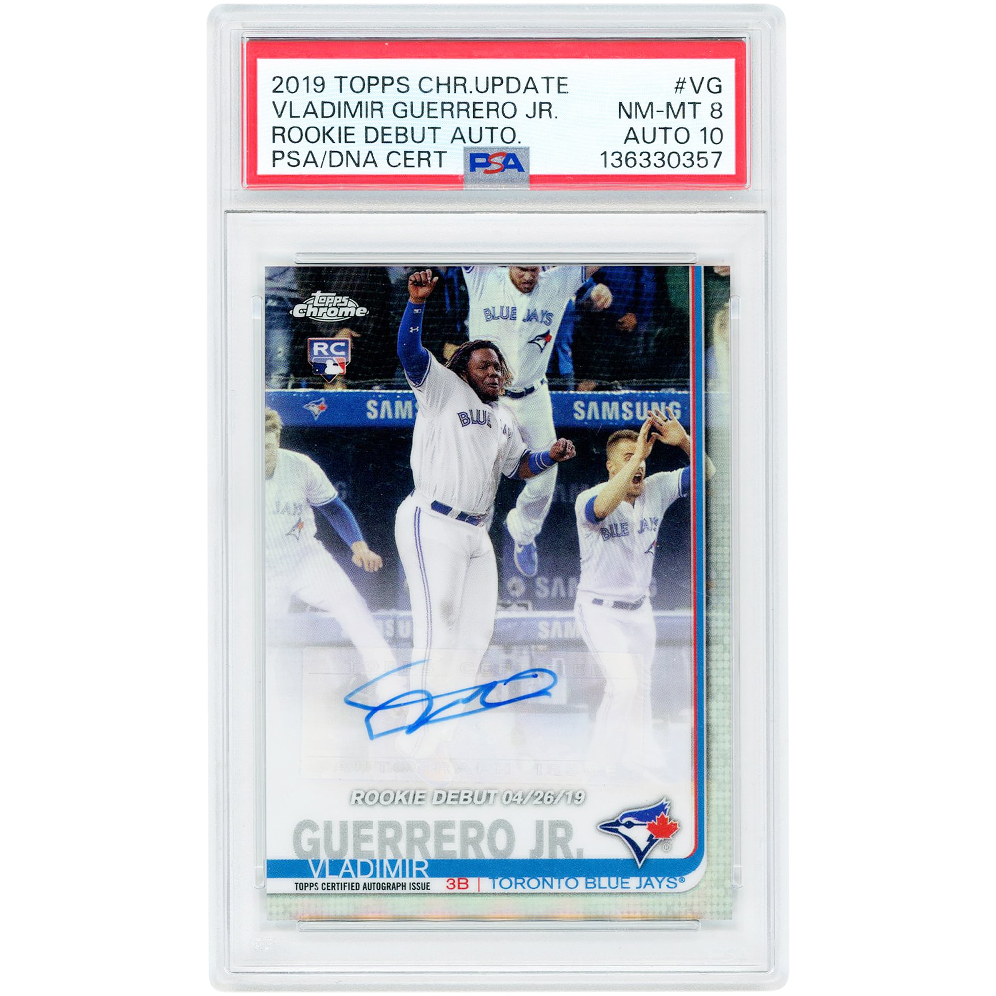 Vladimir Guerrero Jr. Toronto Blue Jays Autographed 2019 Topps Chrome Update Rookie Debut #RDA-VG PSA Authenticated 8/10 Rookie Card