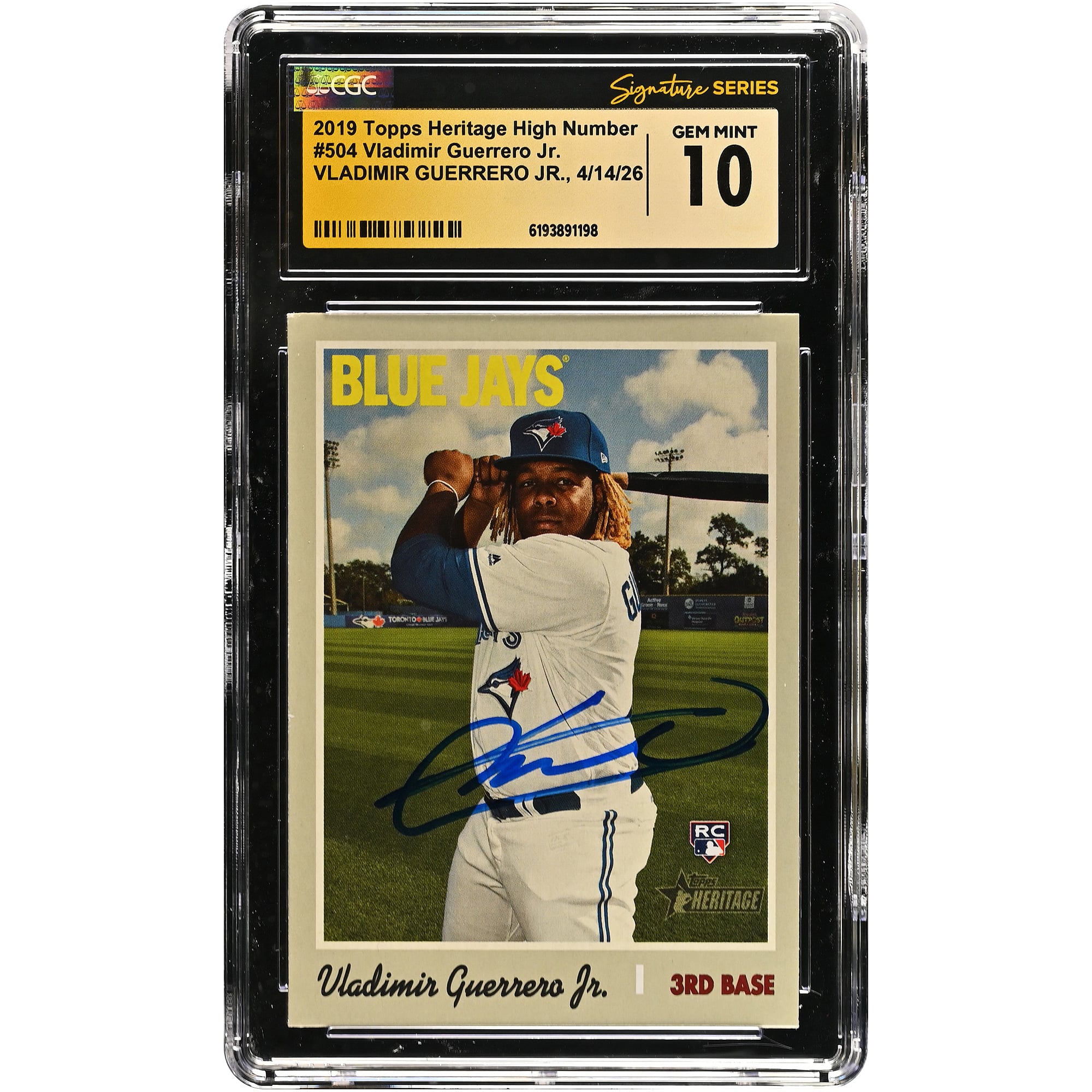 Vladimir Guerrero Jr. Toronto Blue Jays Autographed 2019 Topps Heritage High Number #504 CGC Fanatics Witnessed Authenticated GEM MINT 10 Rookie Card
